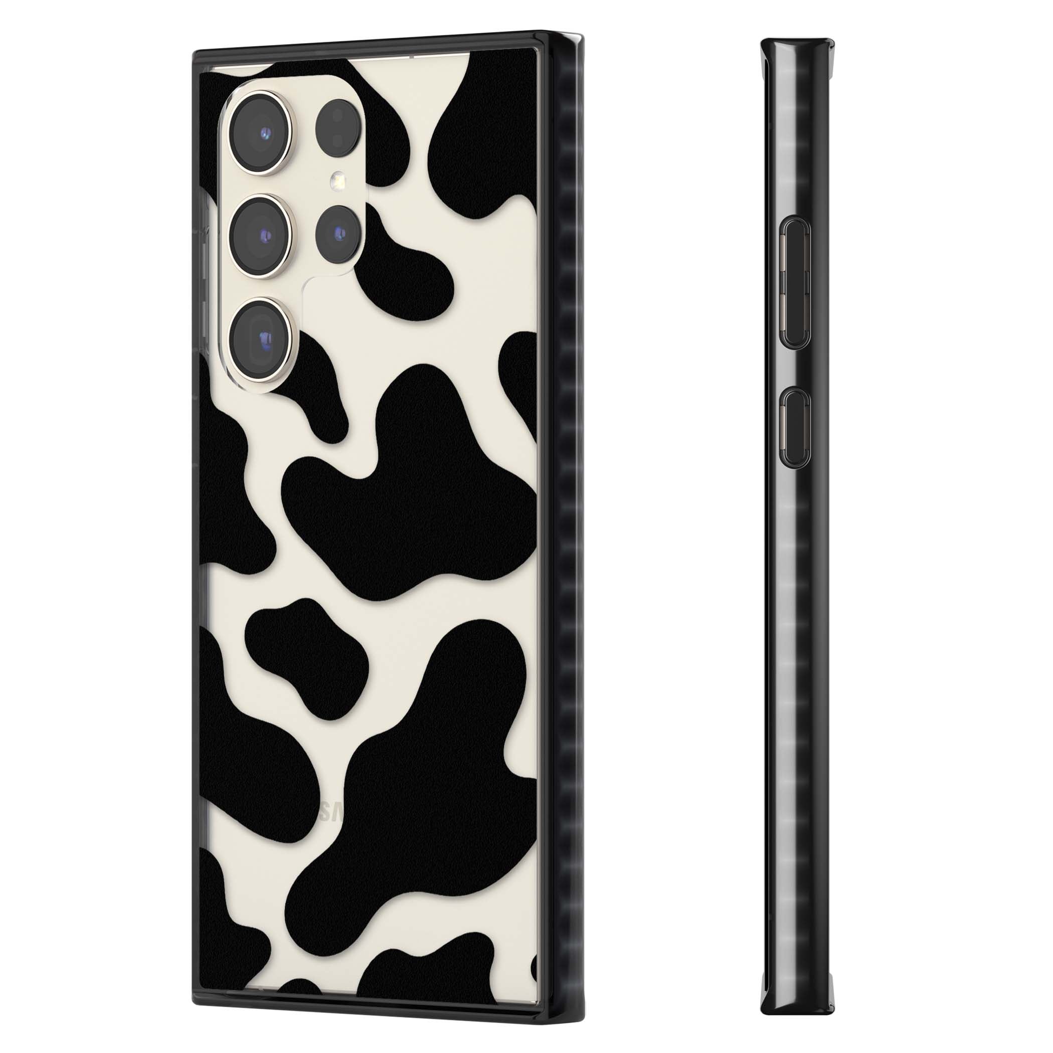 Clear Cow Print cow print iPhone case featuring black and white cow pattern splotches on a clear background | Black Impact case for Samsung Galaxy S24 Ultra, Samsung Galaxy S23 Ultra, Samsung Galaxy S22 Ultra