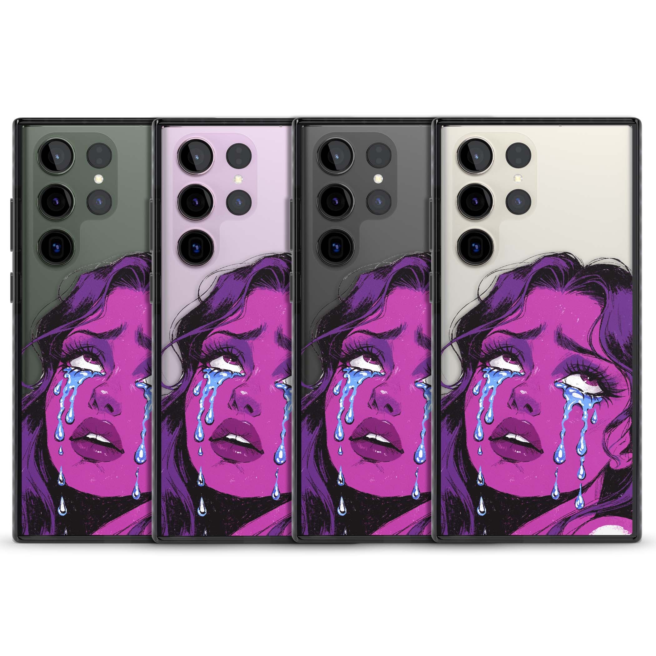 Drama Queen pop art iPhone case featuring a purple crying comic girl with blue tears | Black Impact case for Samsung Galaxy S24 Ultra, Samsung Galaxy S23 Ultra, Samsung Galaxy S22 Ultra