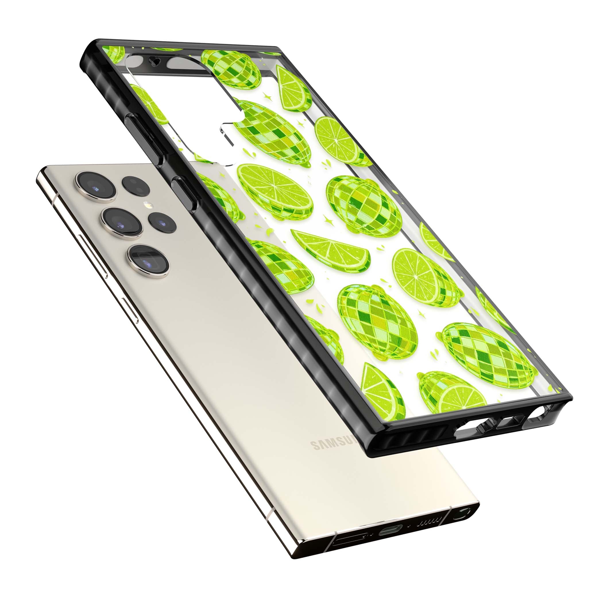 Disco Limes fruit aesthetic iPhone case featuring green disco balls, lime slices and citrus sparkles | Black Impact case for Samsung Galaxy S24 Ultra, Samsung Galaxy S23 Ultra, Samsung Galaxy S22 Ultra