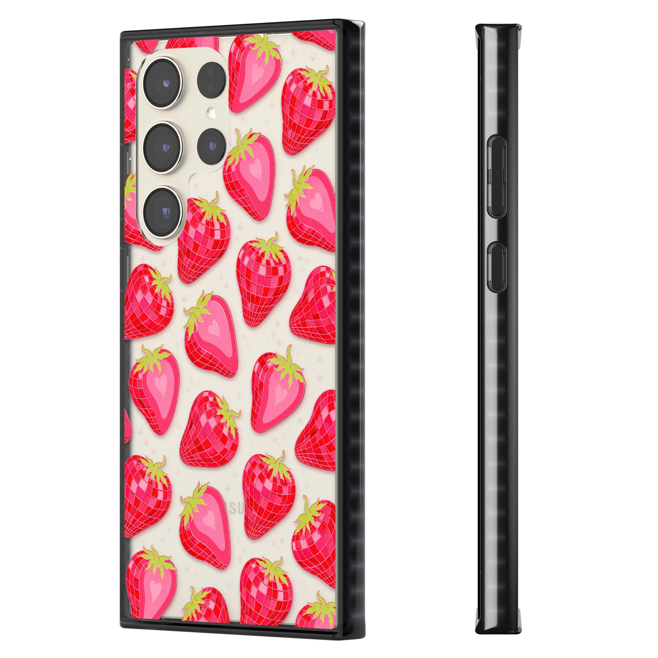Disco Strawberry Y2K iPhone case featuring pink disco-ball strawberries, green leaves and tiny sparkles | Black Impact case for Samsung Galaxy S24 Ultra, Samsung Galaxy S23 Ultra, Samsung Galaxy S22 Ultra