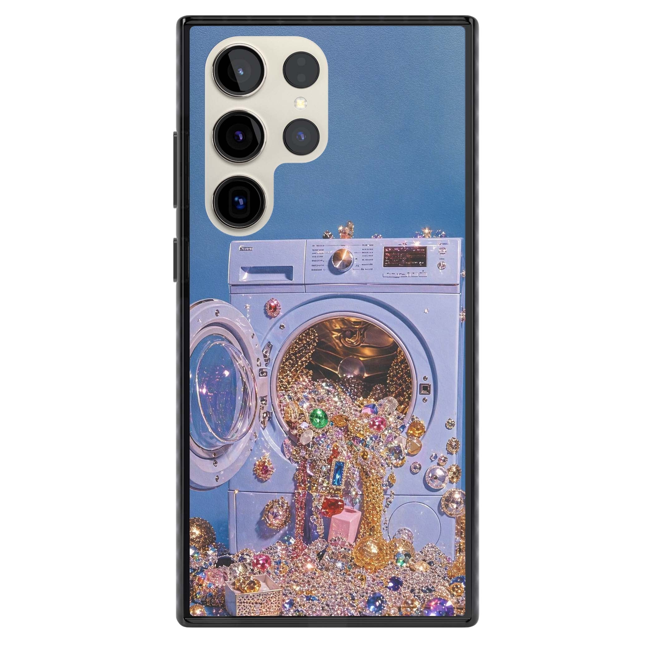 Gem Laundry baddie iPhone case featuring a surreal washing machine overflowing with colourful gemstones and crystals | Black Impact case for Samsung Galaxy S24 Ultra, Samsung Galaxy S23 Ultra, Samsung Galaxy S22 Ultra