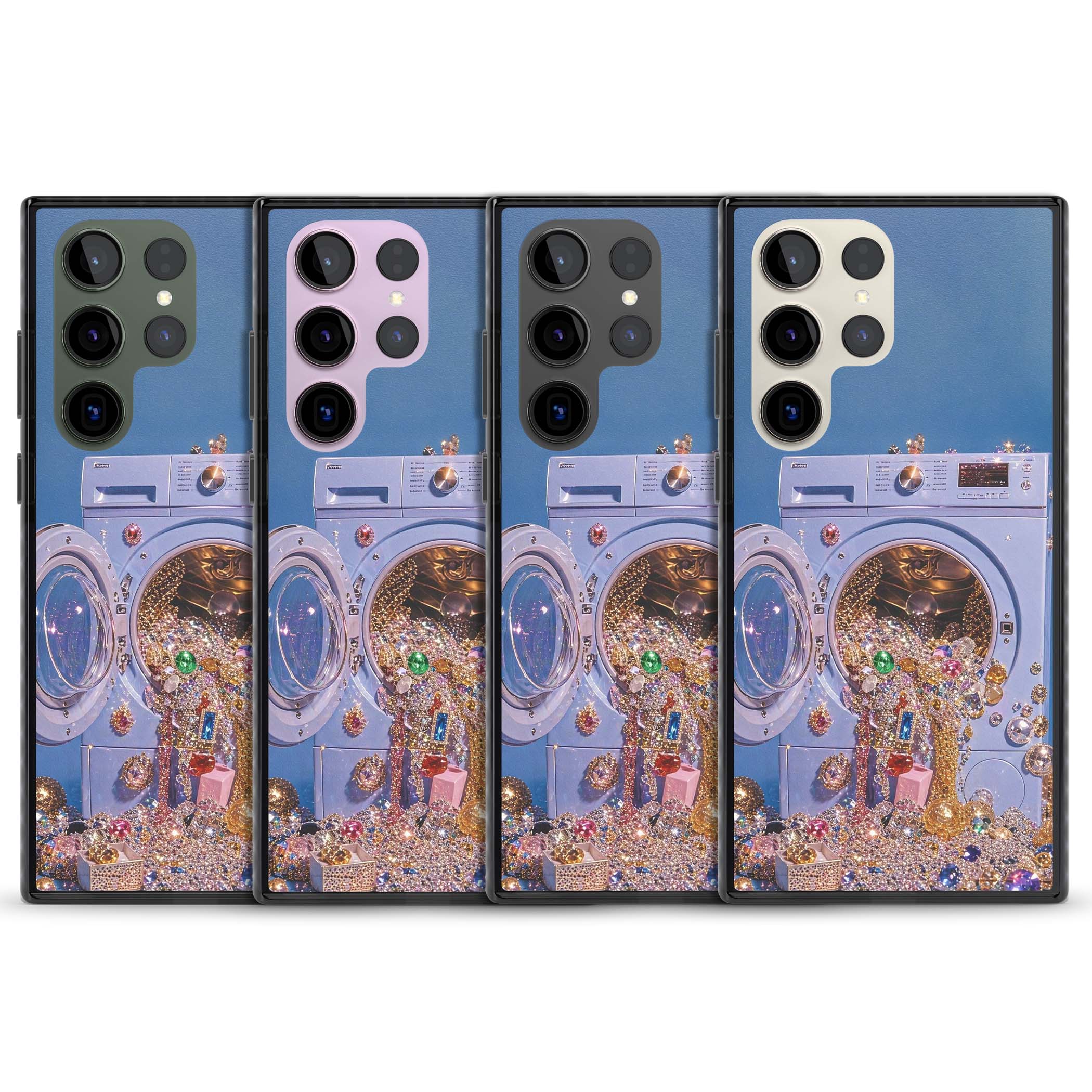 Gem Laundry baddie iPhone case featuring a surreal washing machine overflowing with colourful gemstones and crystals | Black Impact case for Samsung Galaxy S24 Ultra, Samsung Galaxy S23 Ultra, Samsung Galaxy S22 Ultra