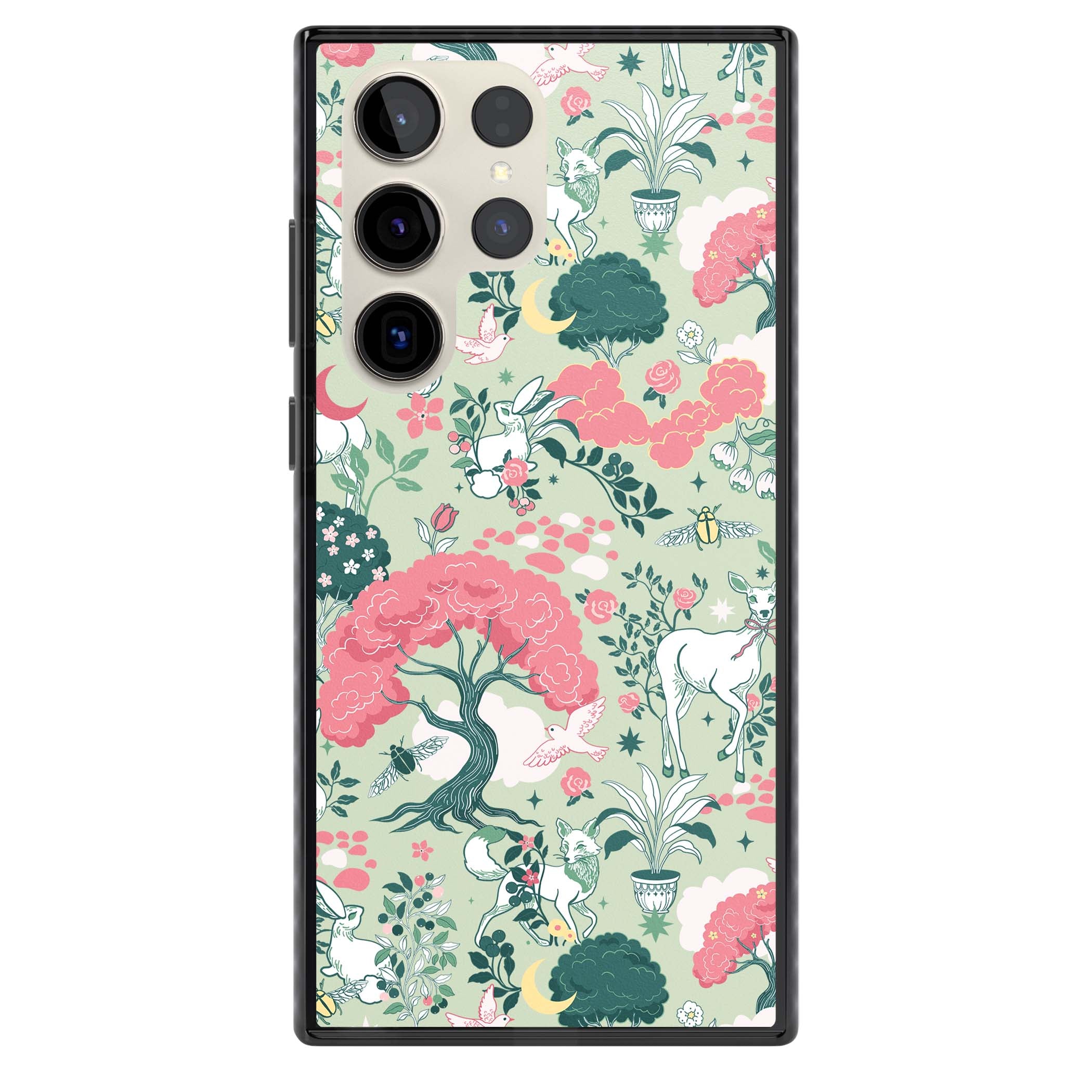 Enchanted Woodland cottagecore iPhone case featuring white deer, pink roses, mushrooms and woodland animals on sage green | Black Impact case for Samsung Galaxy S24 Ultra, Samsung Galaxy S23 Ultra, Samsung Galaxy S22 Ultra