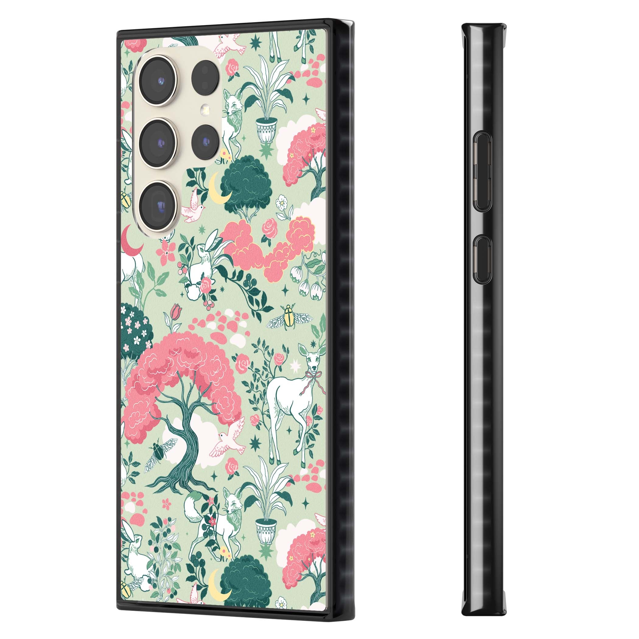 Enchanted Woodland cottagecore iPhone case featuring white deer, pink roses, mushrooms and woodland animals on sage green | Black Impact case for Samsung Galaxy S24 Ultra, Samsung Galaxy S23 Ultra, Samsung Galaxy S22 Ultra