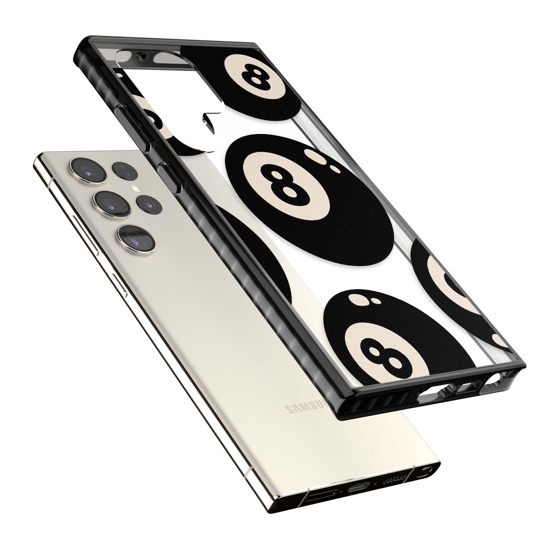 Eights y2k iPhone case featuring scattered black 8 balls with cream highlights on a clear background | Black Impact case for Samsung Galaxy S24 Ultra, Samsung Galaxy S23 Ultra, Samsung Galaxy S22 Ultra