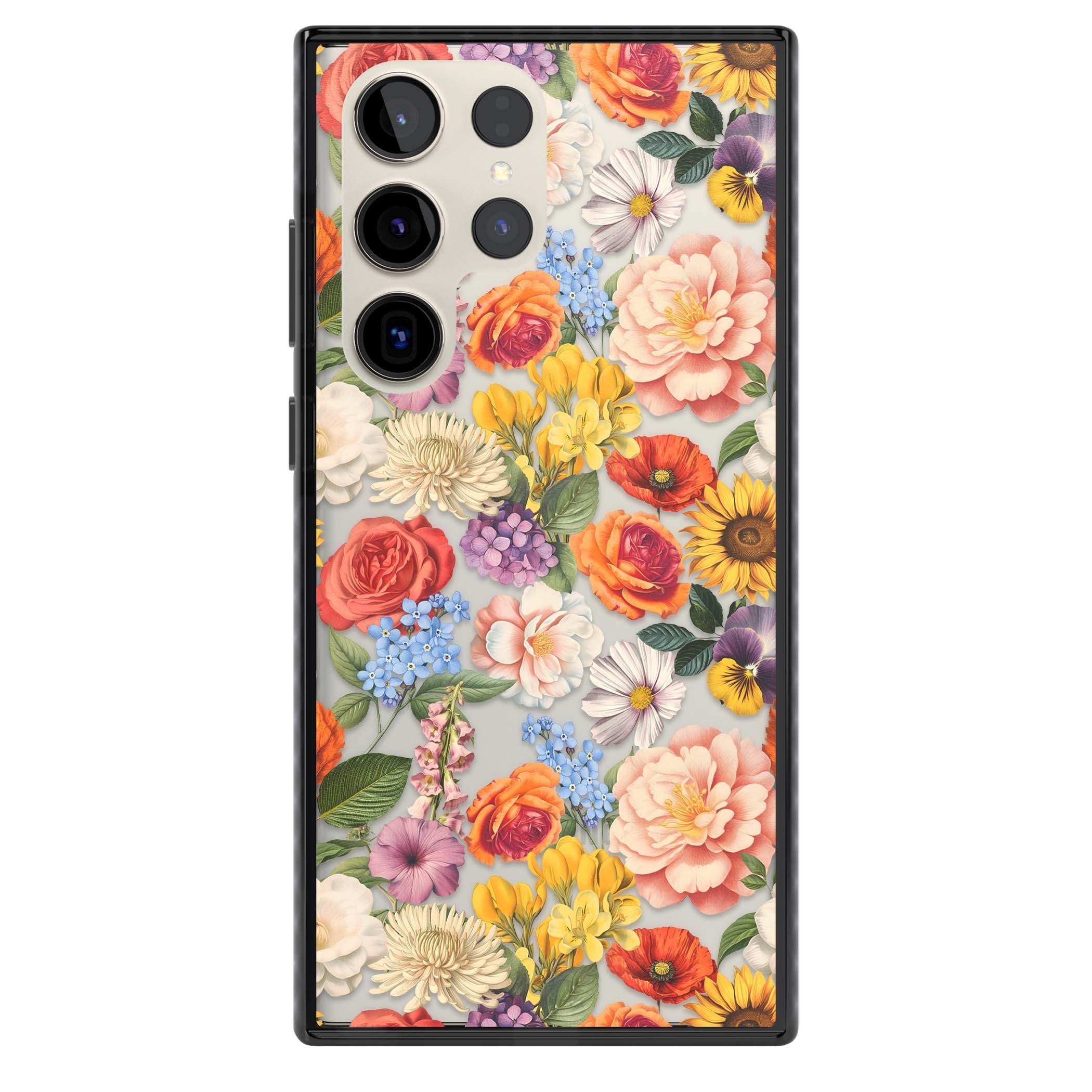 Bloom Basket floral iPhone case featuring cottage garden flowers including peonies, sunflowers, and wildflowers in pastel col | Black Impact case for Samsung Galaxy S24 Ultra, Samsung Galaxy S23 Ultra, Samsung Galaxy S22 Ultra