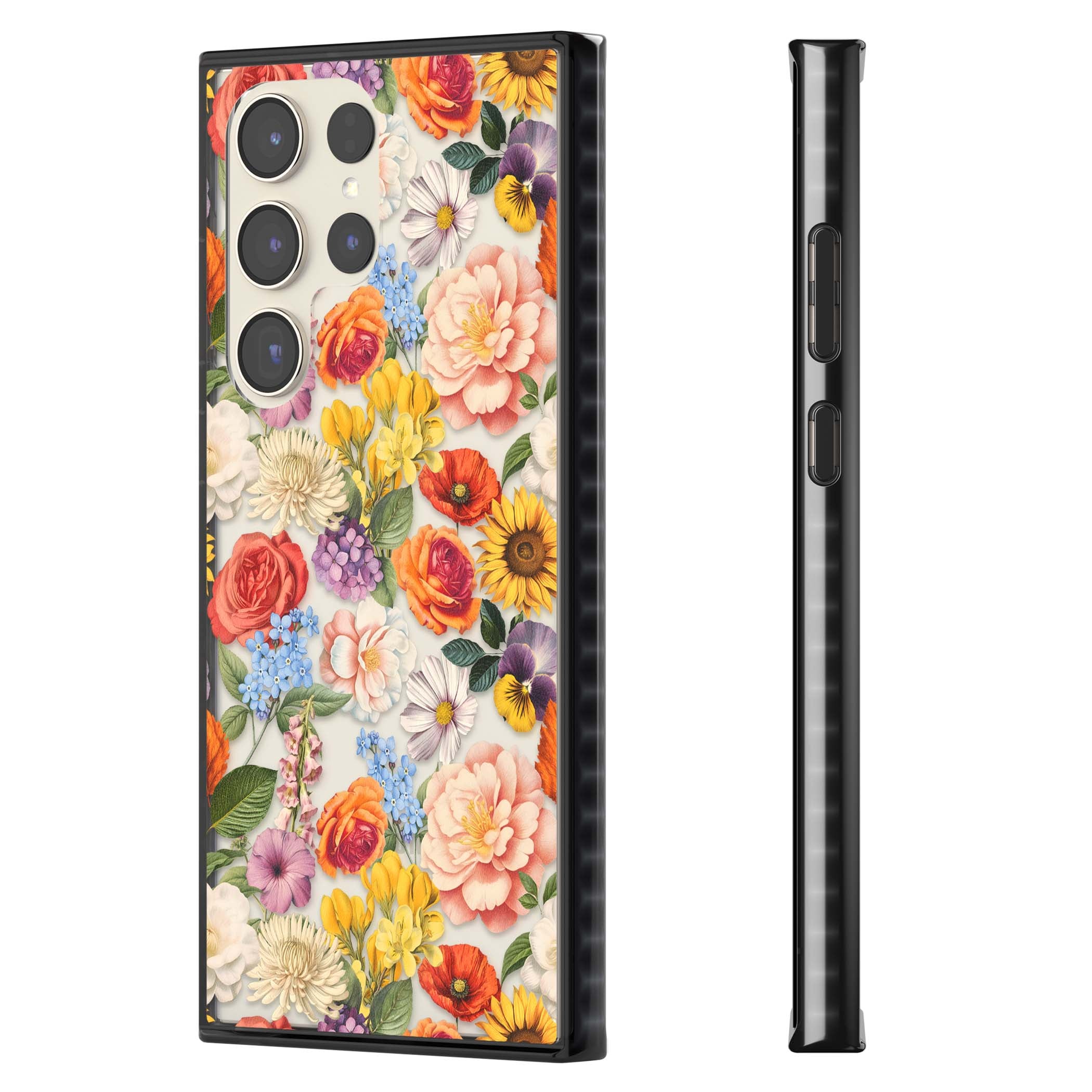 Bloom Basket floral iPhone case featuring cottage garden flowers including peonies, sunflowers, and wildflowers in pastel col | Black Impact case for Samsung Galaxy S24 Ultra, Samsung Galaxy S23 Ultra, Samsung Galaxy S22 Ultra