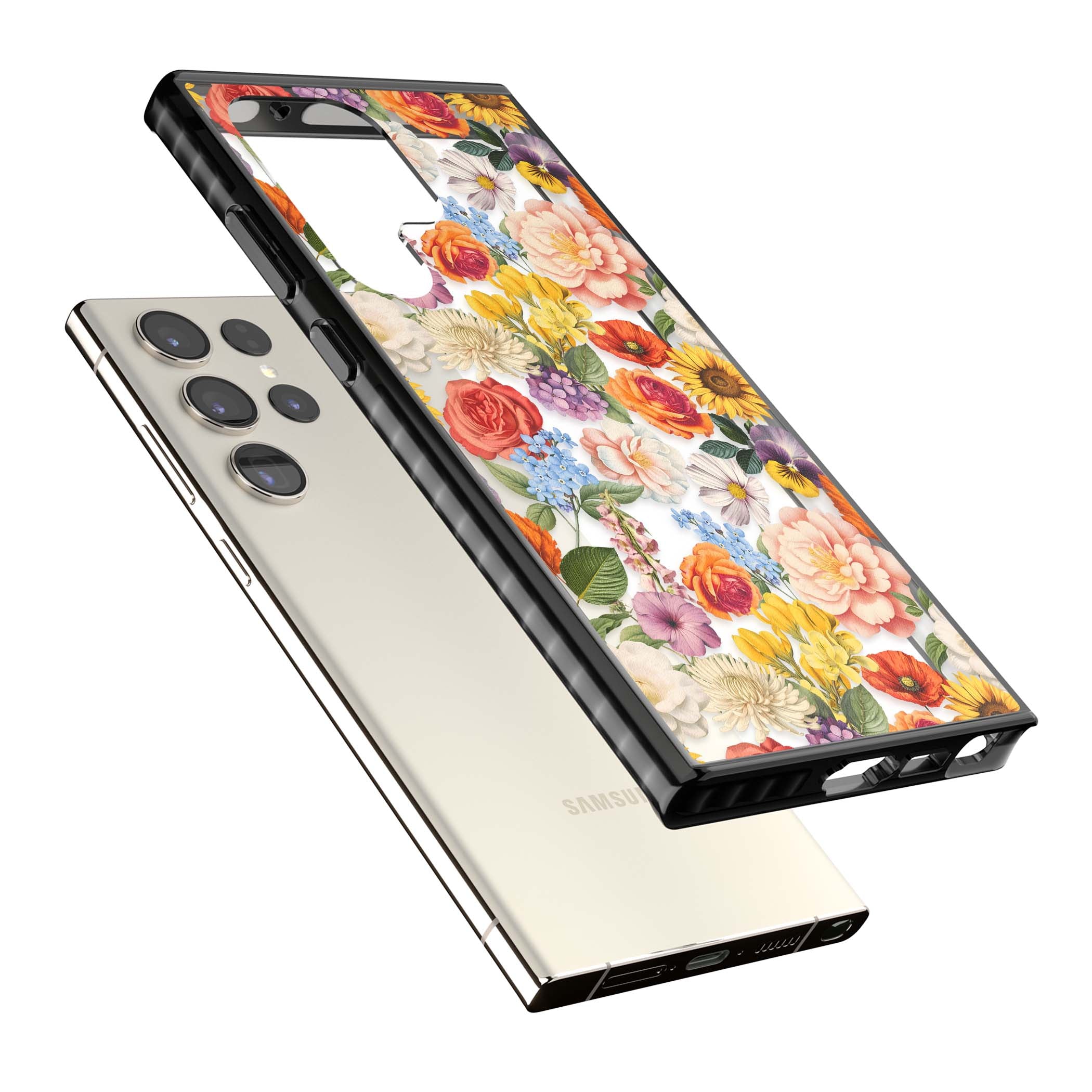 Bloom Basket floral iPhone case featuring cottage garden flowers including peonies, sunflowers, and wildflowers in pastel col | Black Impact case for Samsung Galaxy S24 Ultra, Samsung Galaxy S23 Ultra, Samsung Galaxy S22 Ultra