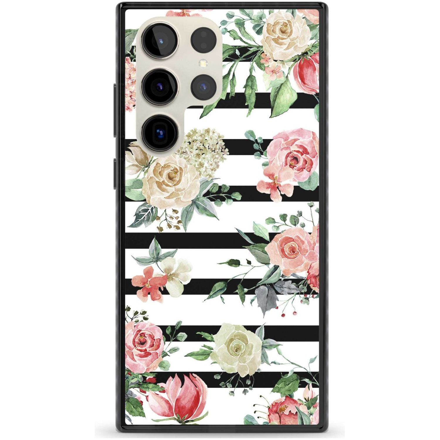 Bold Stripes & Flower Pattern Phone Case Samsung S22 Ultra / Black Impact Case,Samsung S23 Ultra / Black Impact Case Blanc Space