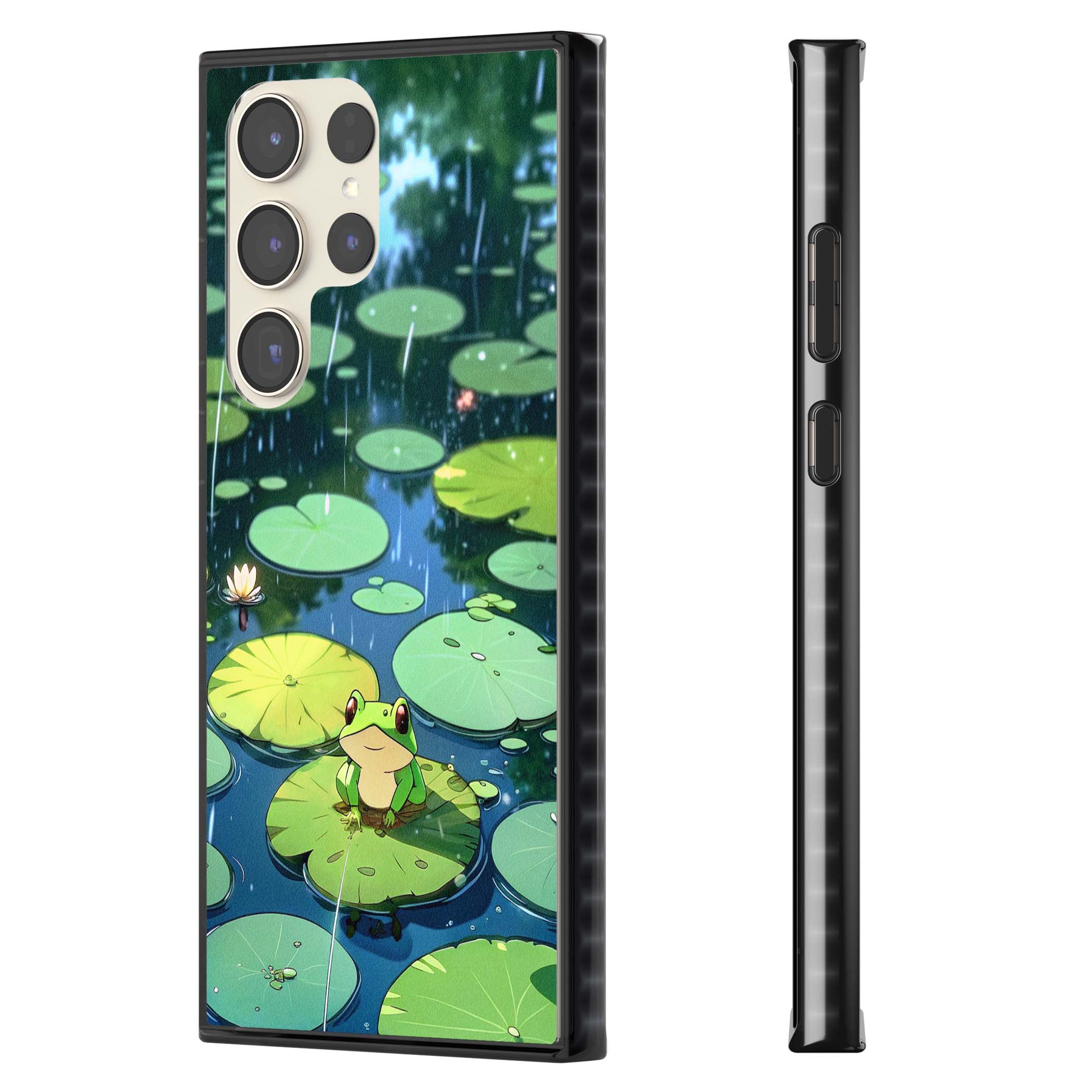 Frog In Lily Pond cottagecore iPhone case featuring a cute green frog on a lily pad with falling rain and a lotus flower | Black Impact case for Samsung Galaxy S24 Ultra, Samsung Galaxy S23 Ultra, Samsung Galaxy S22 Ultra