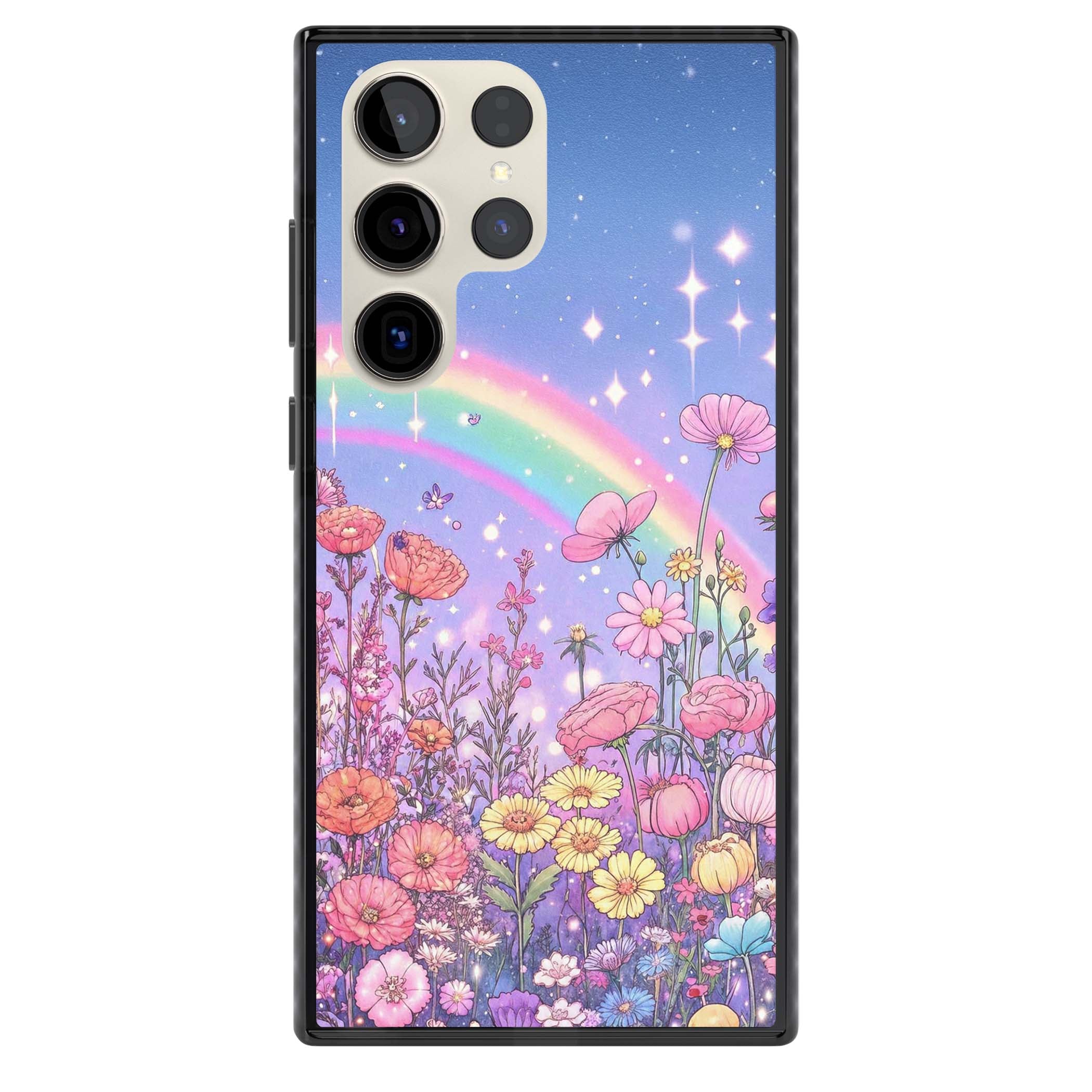 Magical Meadow fairycore iPhone case featuring a pastel rainbow, sparkling stars and a wildflower meadow | Black Impact case for Samsung Galaxy S24 Ultra, Samsung Galaxy S23 Ultra, Samsung Galaxy S22 Ultra