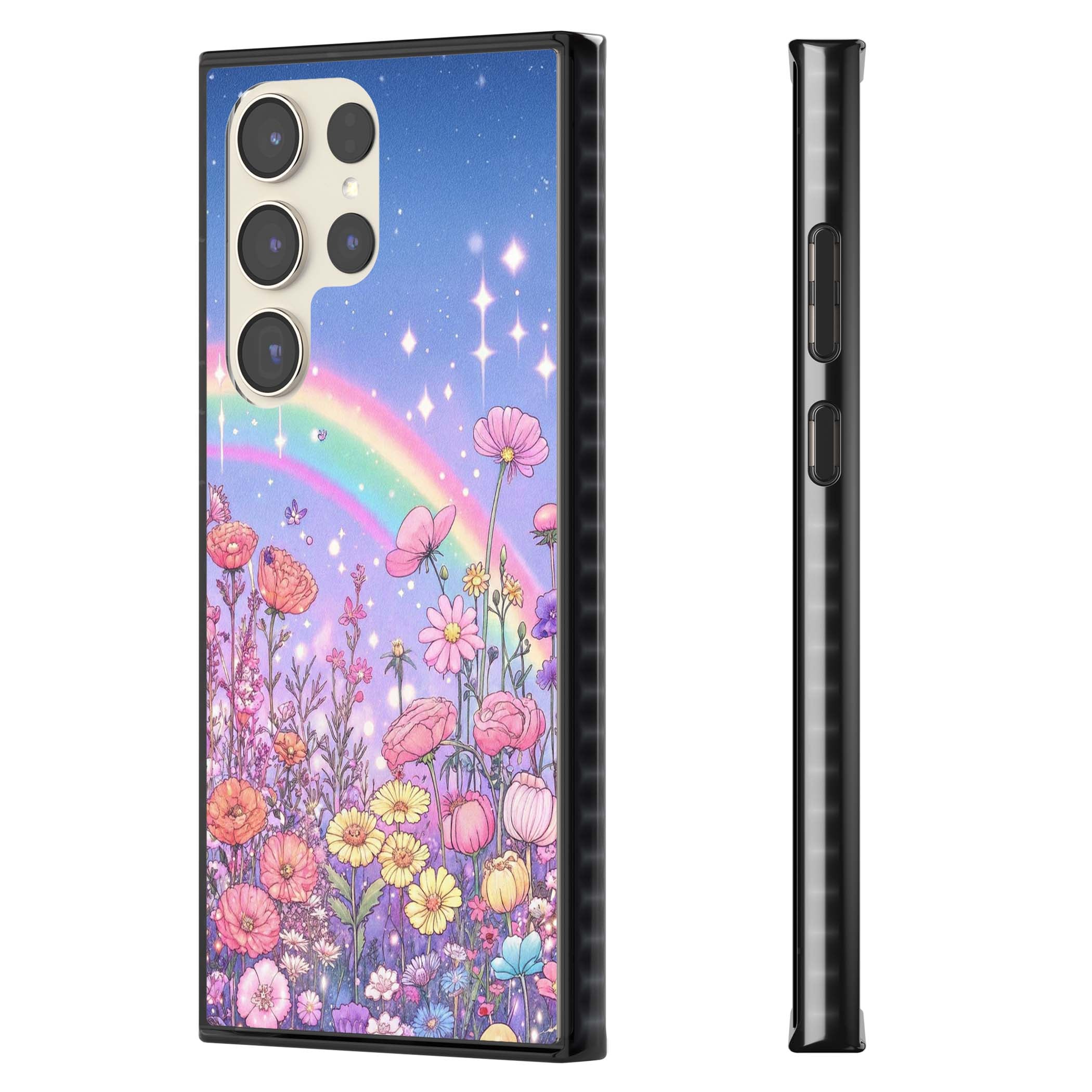 Magical Meadow fairycore iPhone case featuring a pastel rainbow, sparkling stars and a wildflower meadow | Black Impact case for Samsung Galaxy S24 Ultra, Samsung Galaxy S23 Ultra, Samsung Galaxy S22 Ultra