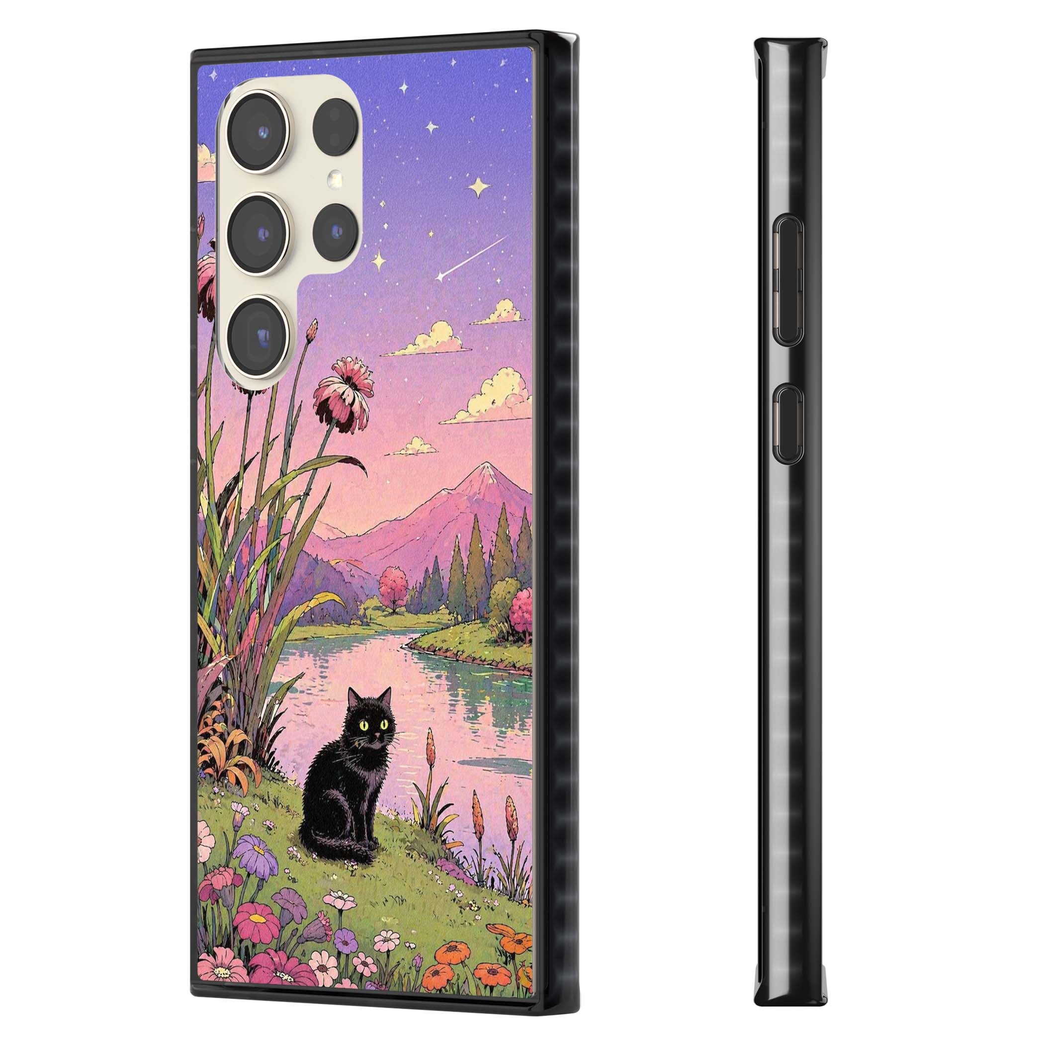 Mystic Whiskers ghibli iPhone case featuring a black cat by a pastel lake, wildflowers and a starry sunset sky | Black Impact case for Samsung Galaxy S24 Ultra, Samsung Galaxy S23 Ultra, Samsung Galaxy S22 Ultra
