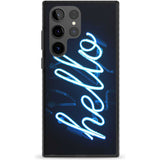 "Hello" Blue Cursive Neon Sign Phone Case Samsung S22 Ultra / Black Impact Case,Samsung S23 Ultra / Black Impact Case Blanc Space