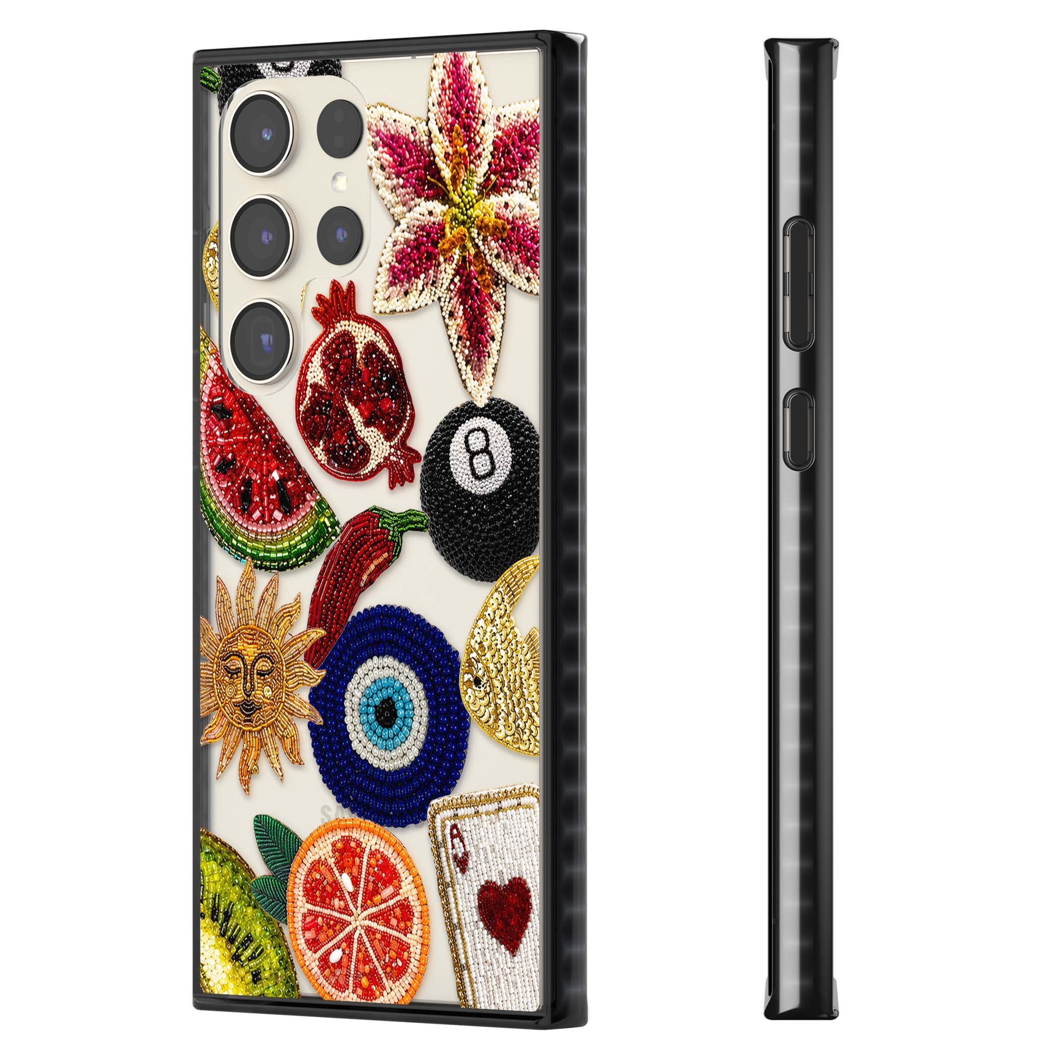 Beaded Charms embroidery iPhone case featuring beaded evil eye, fruit patches and a golden sun motif | Black Impact case for Samsung Galaxy S24 Ultra, Samsung Galaxy S23 Ultra, Samsung Galaxy S22 Ultra