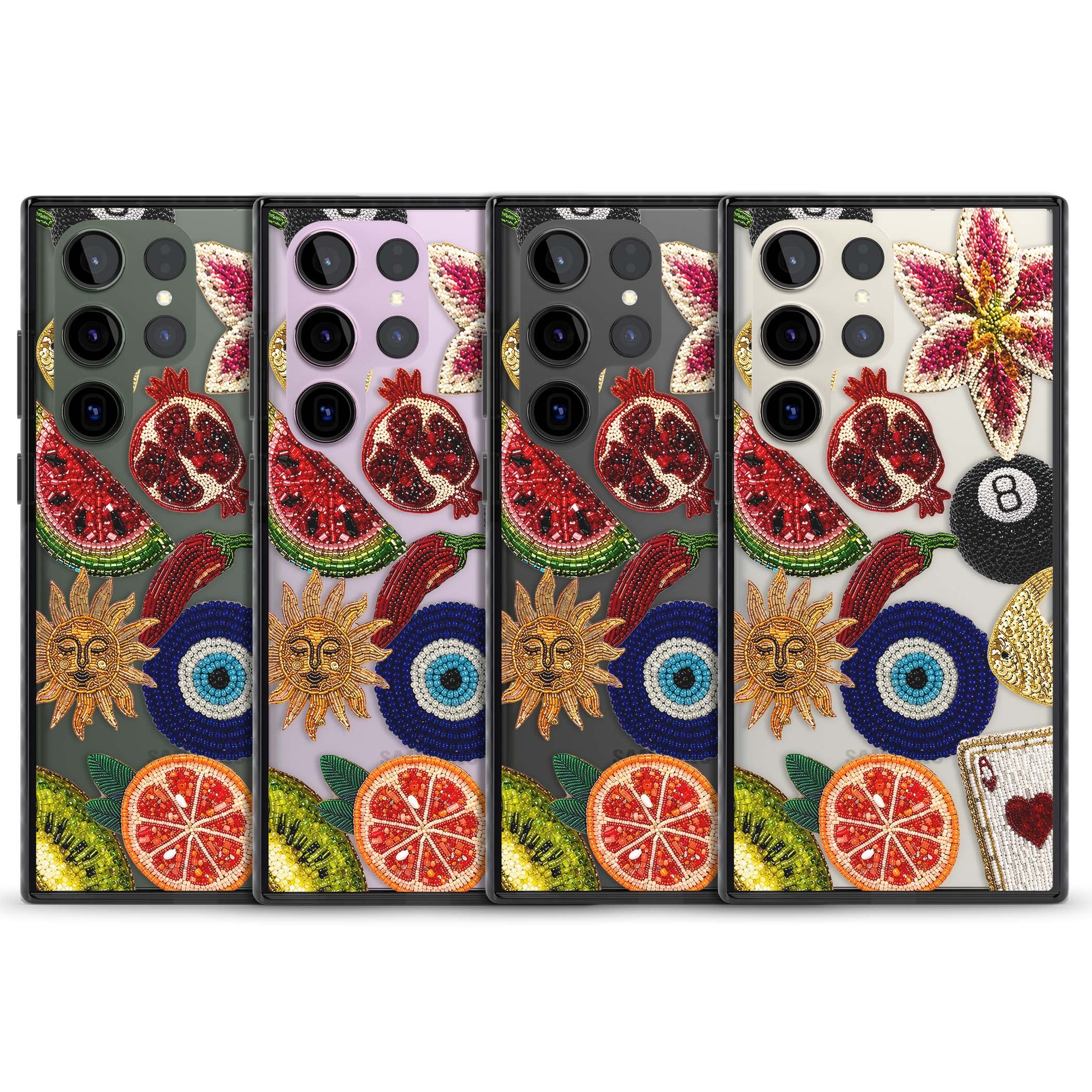 Beaded Charms embroidery iPhone case featuring beaded evil eye, fruit patches and a golden sun motif | Black Impact case for Samsung Galaxy S24 Ultra, Samsung Galaxy S23 Ultra, Samsung Galaxy S22 Ultra