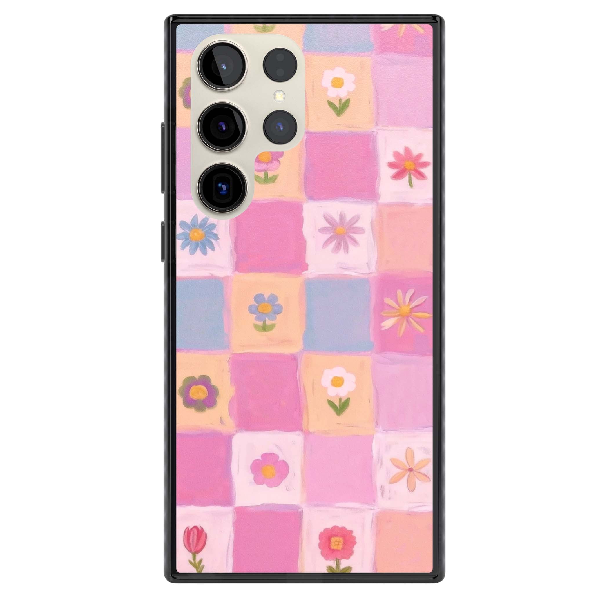 Pastel Flower Patchwork cottagecore iPhone case featuring painted pink and lilac squares with daisies and wildflowers | Black Impact case for Samsung Galaxy S24 Ultra, Samsung Galaxy S23 Ultra, Samsung Galaxy S22 Ultra