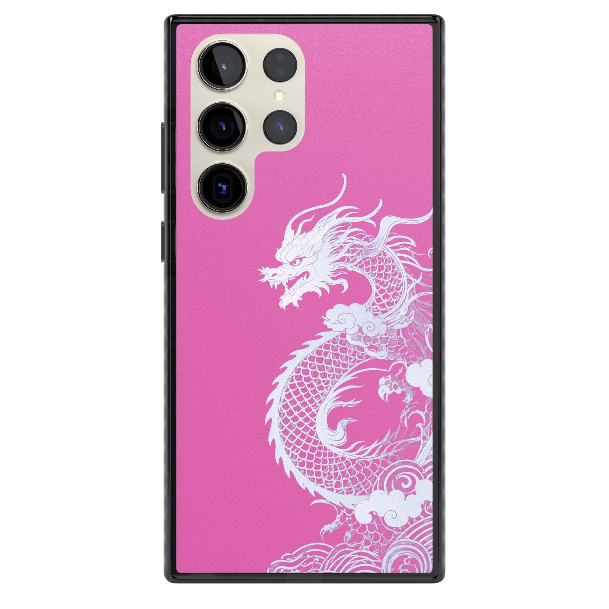 Pink Empress chinese dragon iPhone case featuring a white dragon, swirling clouds and pink dragon wallpaper backdrop | Black Impact case for Samsung Galaxy S24 Ultra, Samsung Galaxy S23 Ultra, Samsung Galaxy S22 Ultra