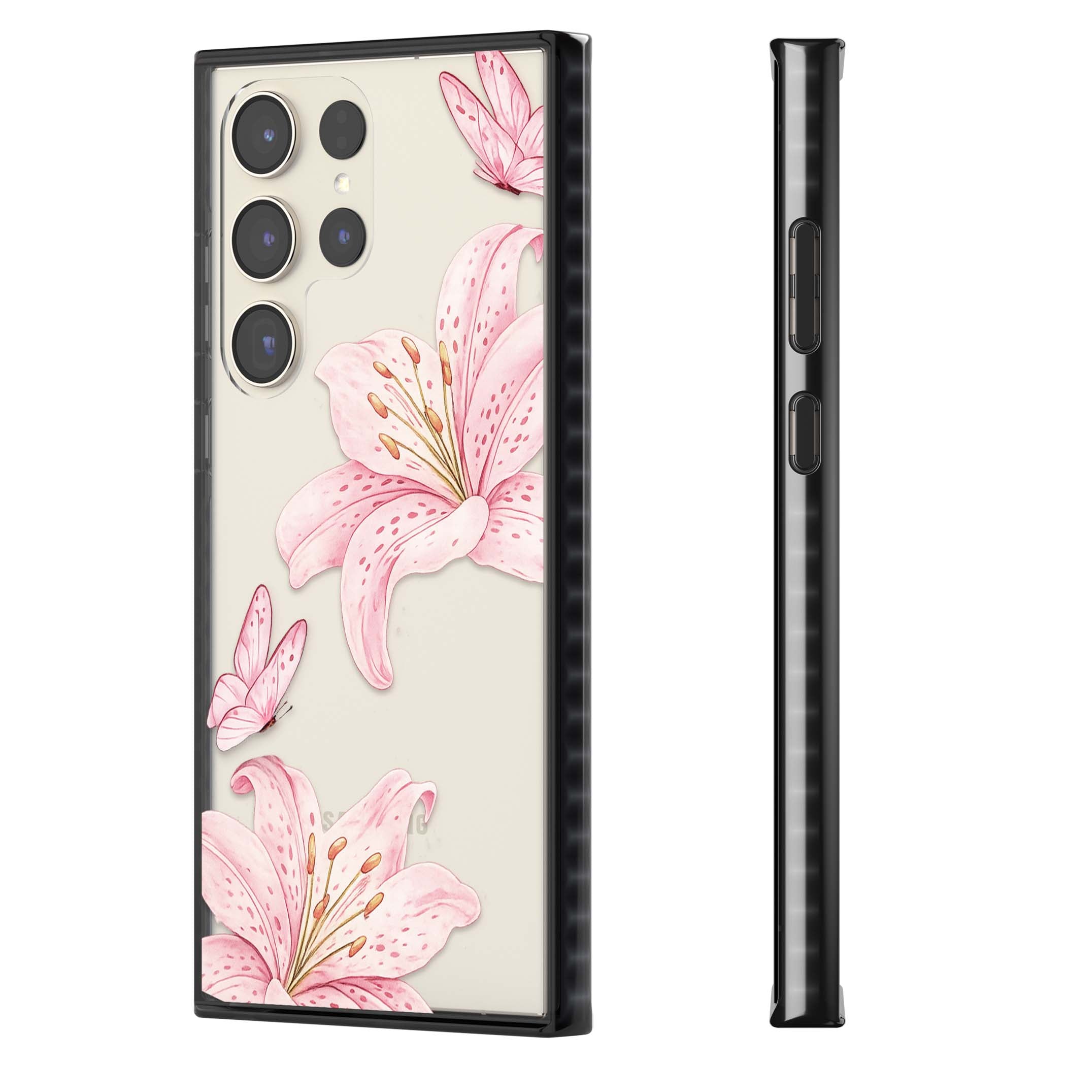 Lily Whisper floral iPhone case featuring pink watercolour lilies and delicate butterflies on a clear background | Black Impact case for Samsung Galaxy S24 Ultra, Samsung Galaxy S23 Ultra, Samsung Galaxy S22 Ultra