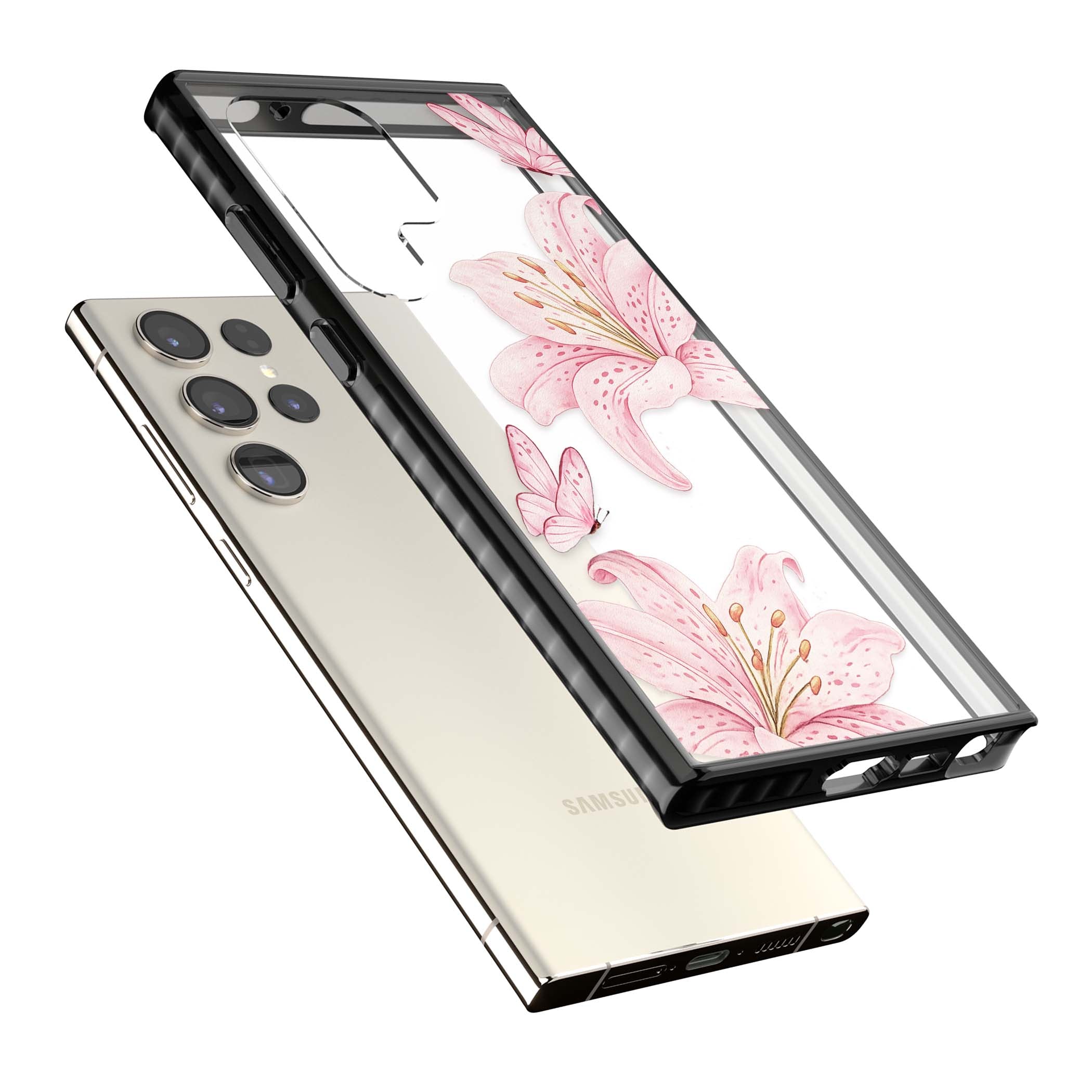 Lily Whisper floral iPhone case featuring pink watercolour lilies and delicate butterflies on a clear background | Black Impact case for Samsung Galaxy S24 Ultra, Samsung Galaxy S23 Ultra, Samsung Galaxy S22 Ultra