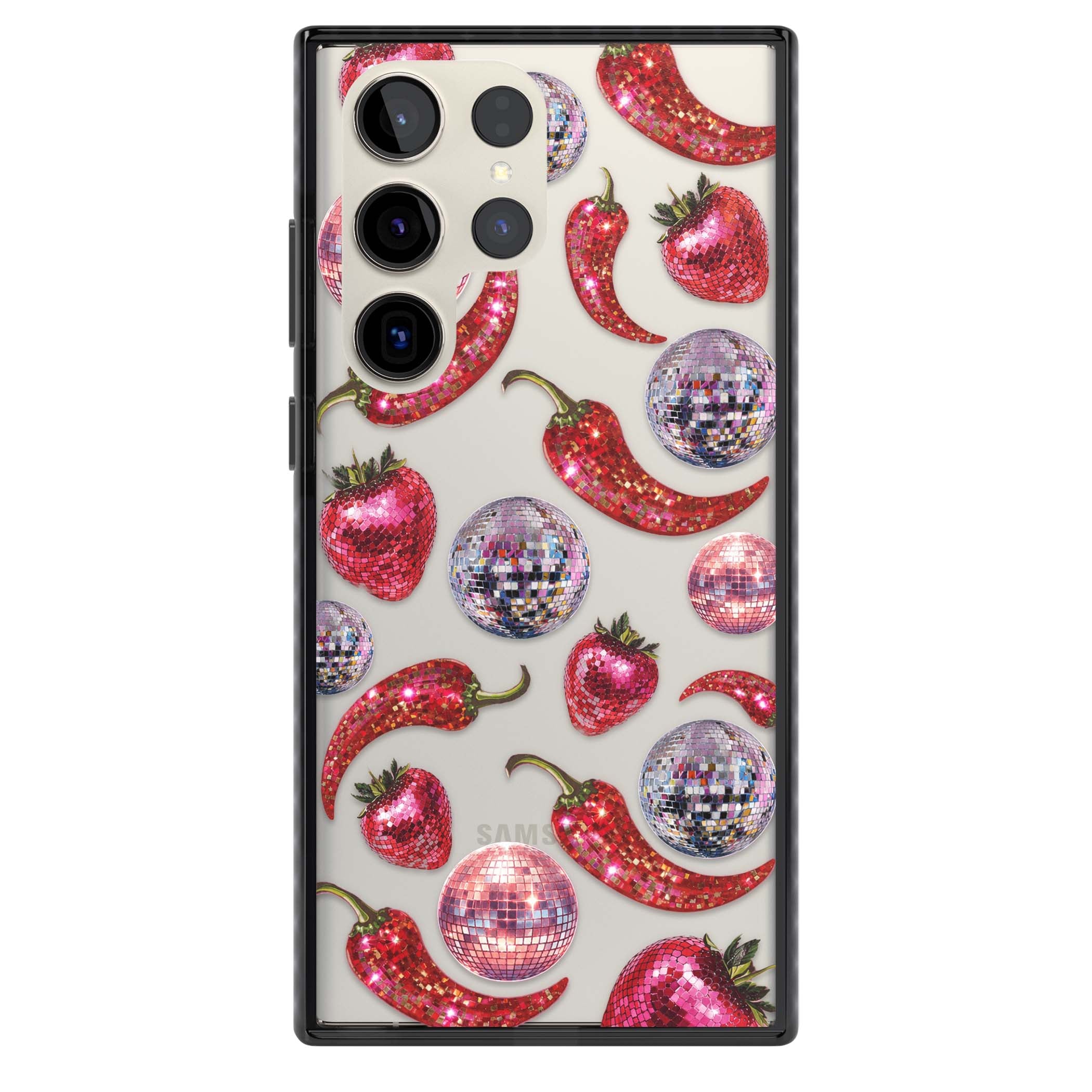 Spicy Disco Y2K iPhone case featuring glitter disco balls, sparkly strawberries and red chilli peppers | Black Impact case for Samsung Galaxy S24 Ultra, Samsung Galaxy S23 Ultra, Samsung Galaxy S22 Ultra