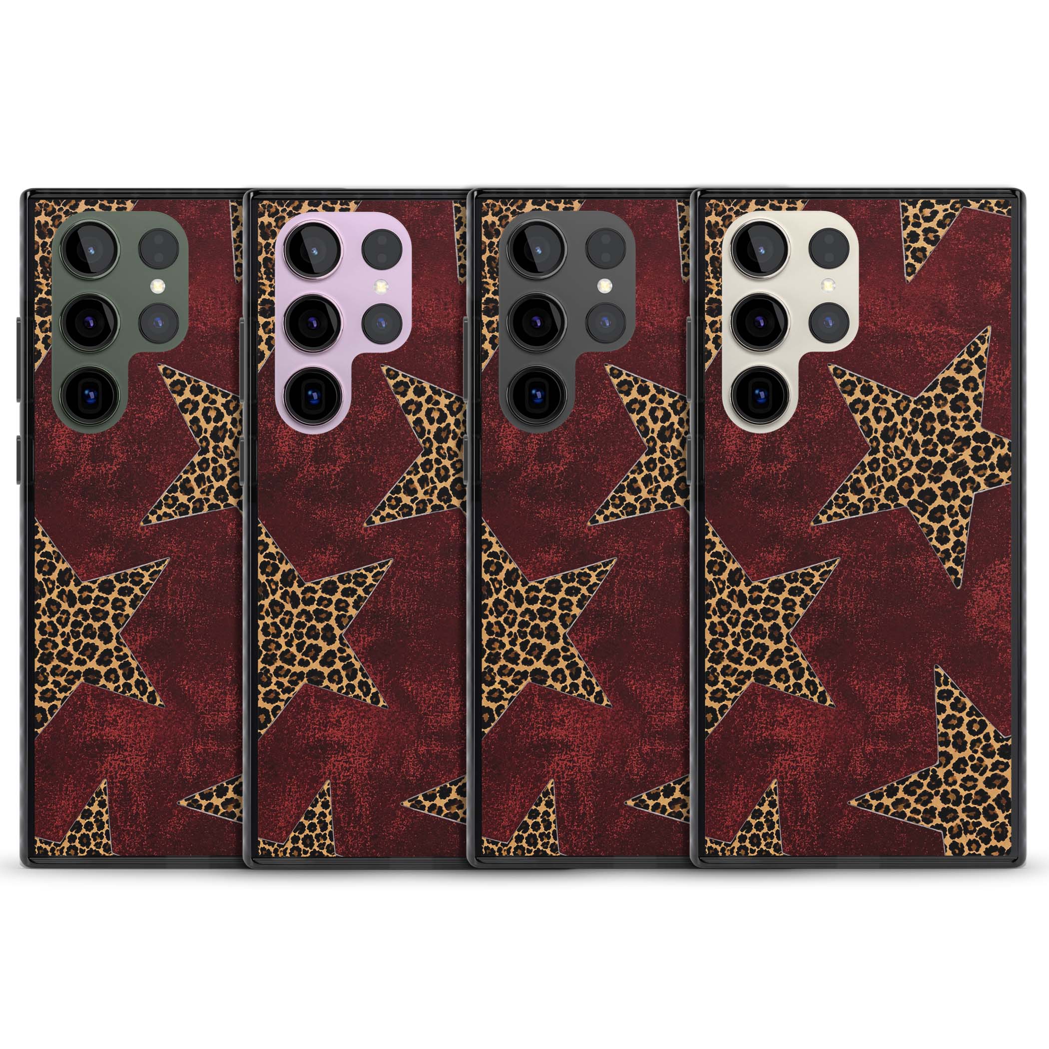 Showgirl leopard print iPhone case featuring cheetah print stars on distressed red grunge background | Black Impact case for Samsung Galaxy S24 Ultra, Samsung Galaxy S23 Ultra, Samsung Galaxy S22 Ultra