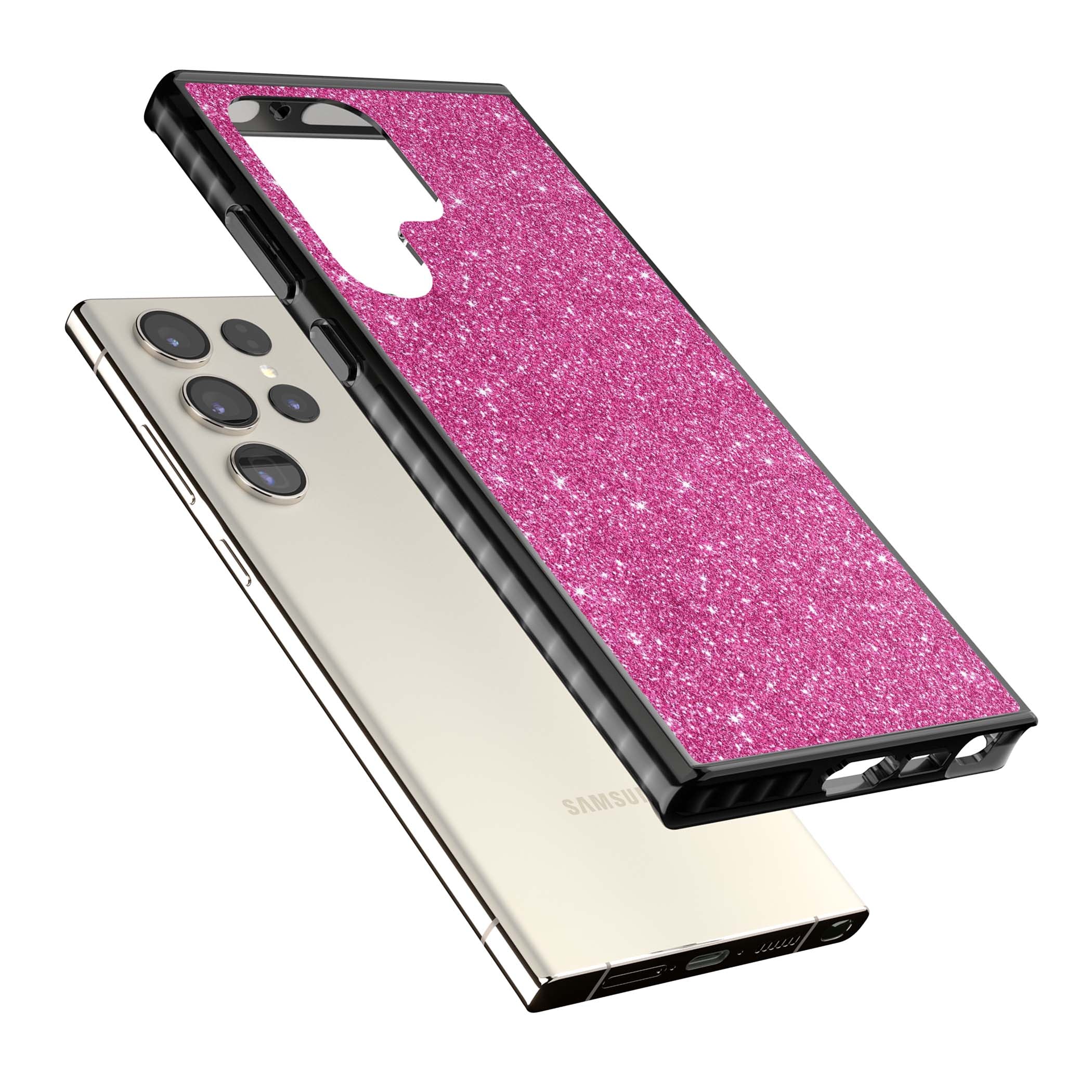 Pink Glitter Y2K iPhone case featuring hot pink glitter wallpaper with sparkle shimmer effect | Black Impact case for Samsung Galaxy S24 Ultra, Samsung Galaxy S23 Ultra, Samsung Galaxy S22 Ultra