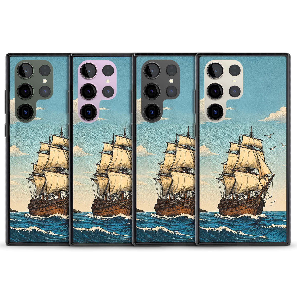 Ship at Sea nautical iPhone case featuring a vintage tall ship, ocean waves and seagulls | Black Impact case for Samsung Galaxy S24 Ultra, Samsung Galaxy S23 Ultra, Samsung Galaxy S22 Ultra