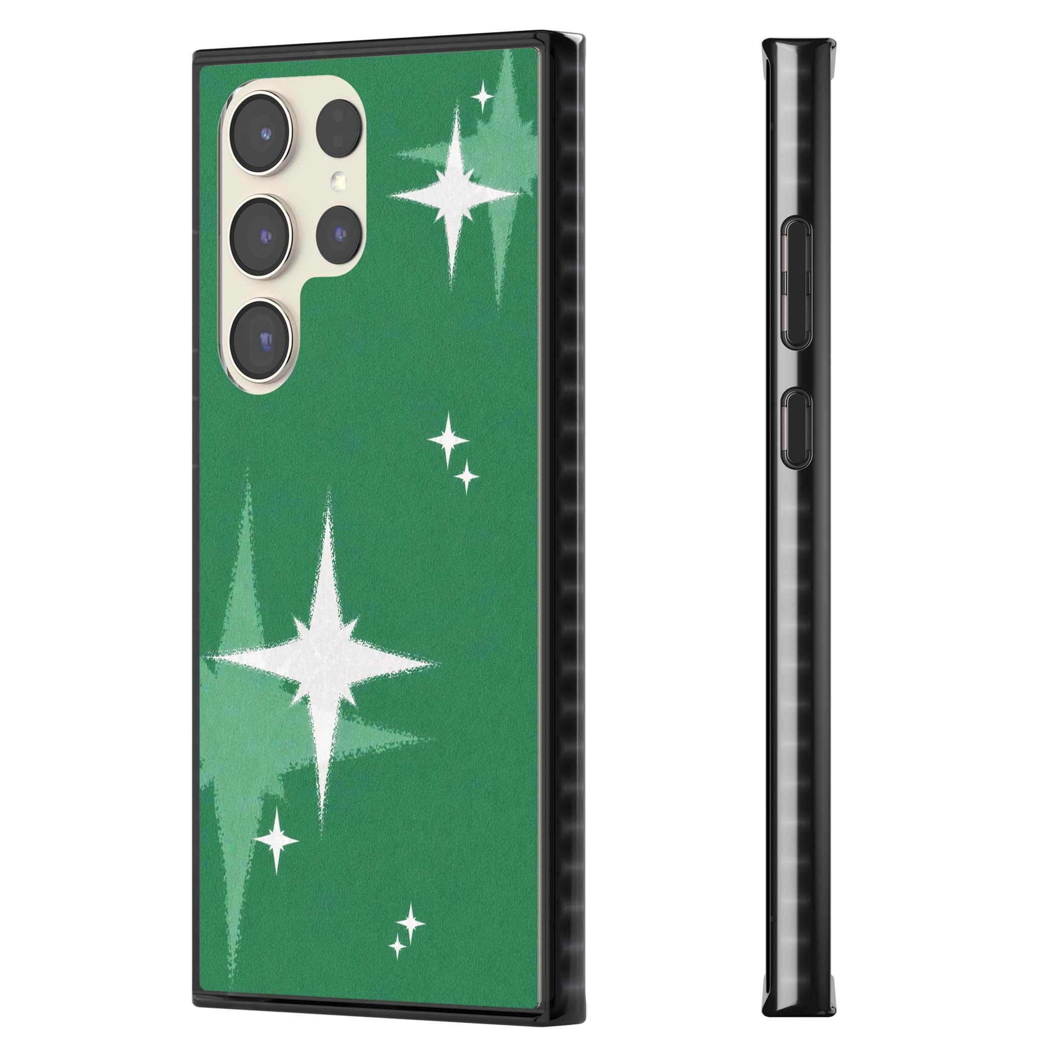 Green Sparkle celestial iPhone case featuring sparkling white four-point stars on a deep green background | Black Impact case for Samsung Galaxy S24 Ultra, Samsung Galaxy S23 Ultra, Samsung Galaxy S22 Ultra