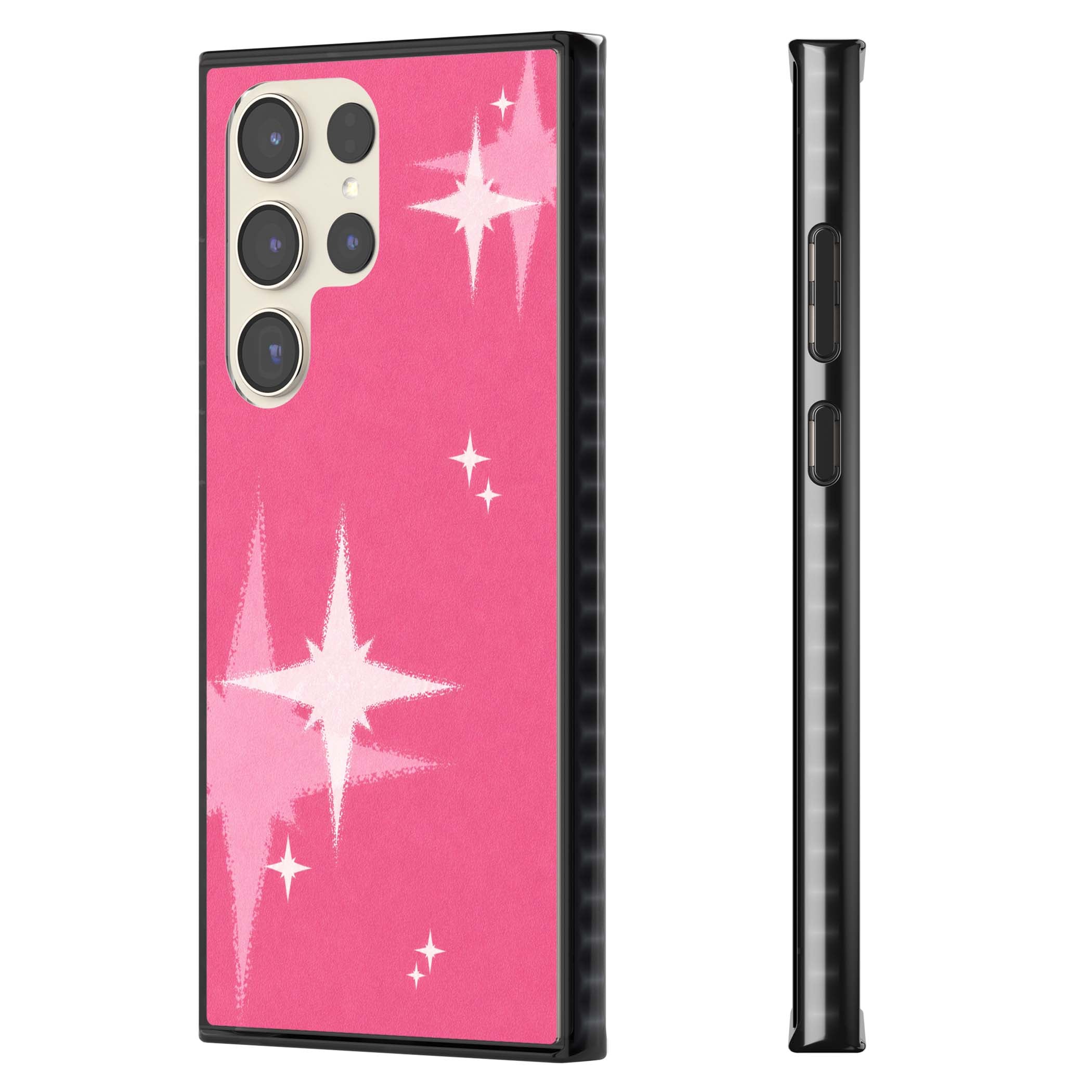 Pink Sparkle Y2K iPhone case featuring hot pink background with shimmering white starburst pattern | Black Impact case for Samsung Galaxy S24 Ultra, Samsung Galaxy S23 Ultra, Samsung Galaxy S22 Ultra