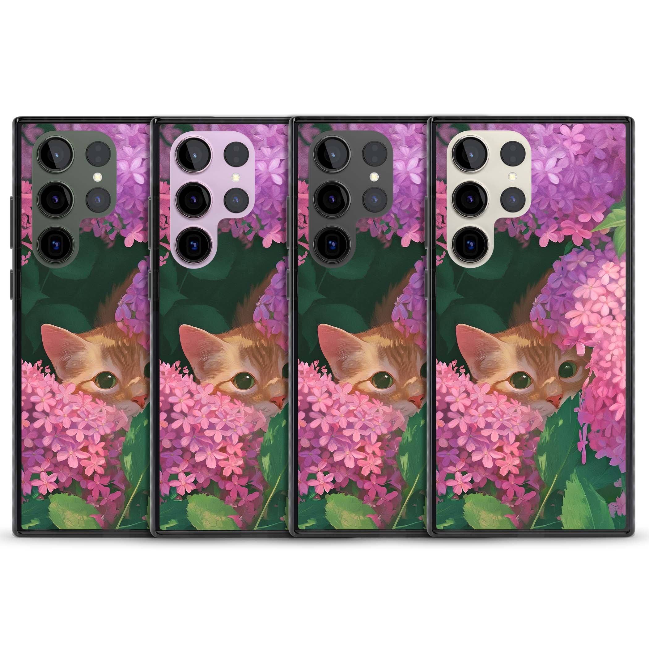 Cat In Pink Flowers cottagecore iPhone case featuring a ginger kitten peeking through lilac and pink hydrangea flo | Black Impact case for Samsung Galaxy S24 Ultra, Samsung Galaxy S23 Ultra, Samsung Galaxy S22 Ultra