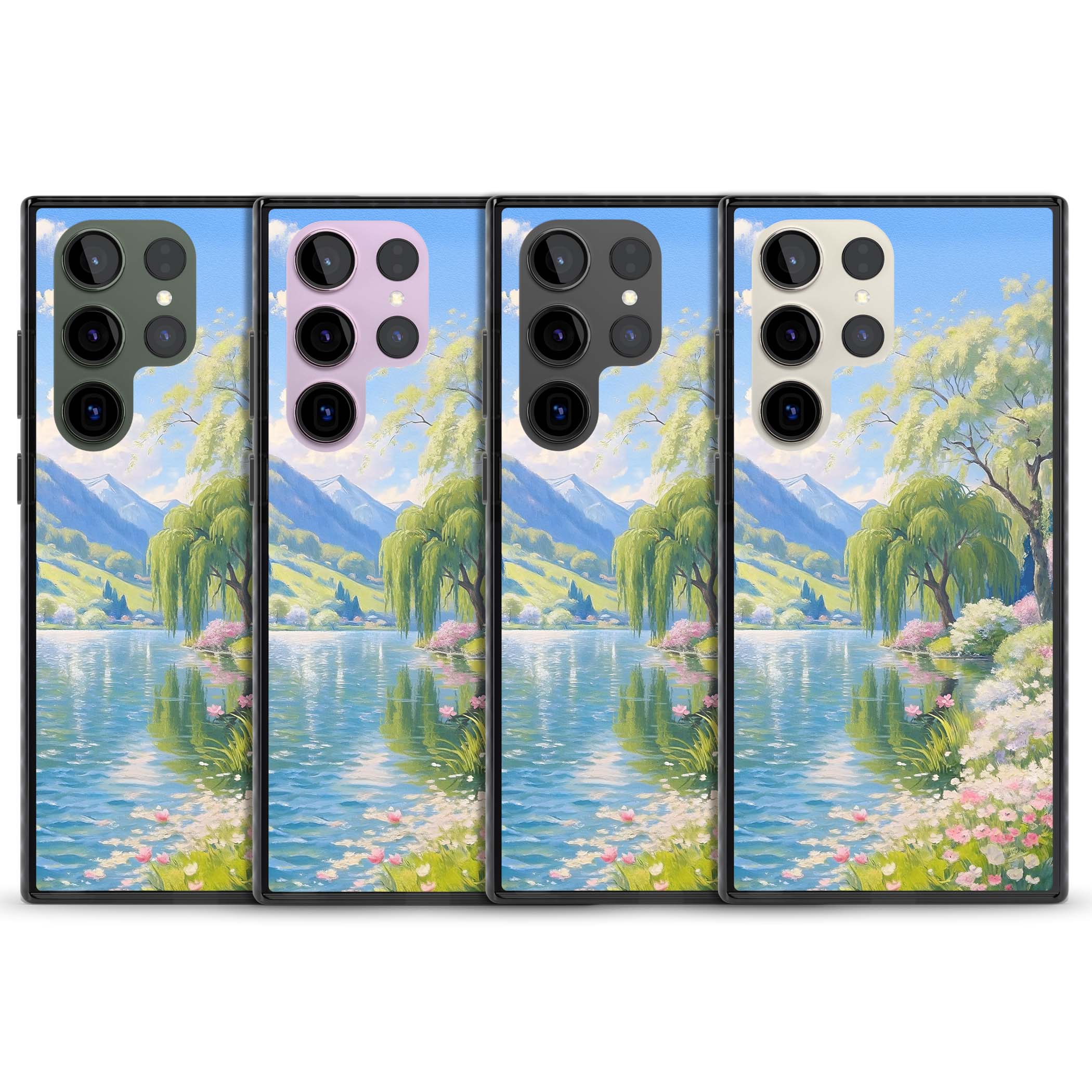 Willow Lake cottagecore iPhone case featuring a painted lakeside with weeping willow, blossoms and distant mountains | Black Impact case for Samsung Galaxy S24 Ultra, Samsung Galaxy S23 Ultra, Samsung Galaxy S22 Ultra