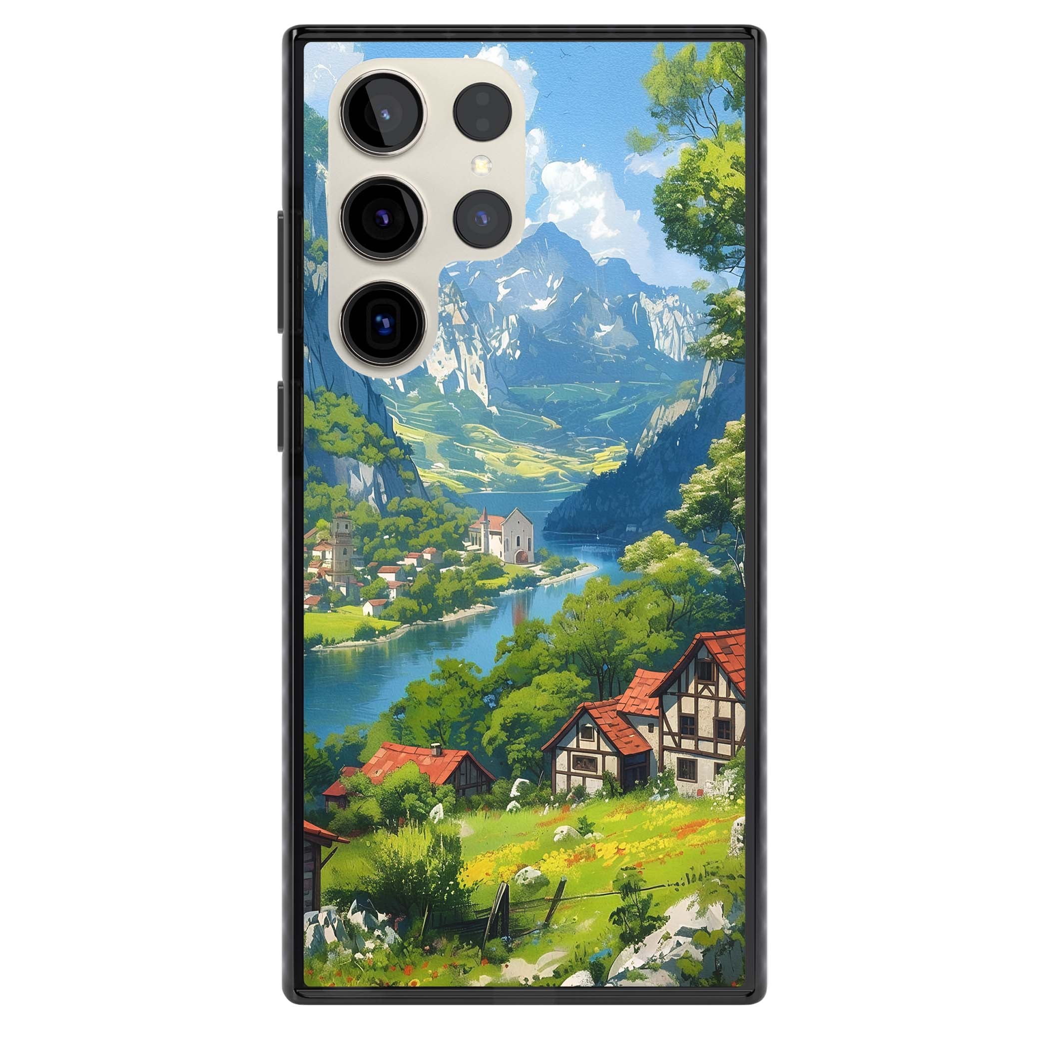 Village In The Valley anime iPhone case featuring a painted mountain village, river valley and half-timbered cottages. | Black Impact case for Samsung Galaxy S24 Ultra, Samsung Galaxy S23 Ultra, Samsung Galaxy S22 Ultra