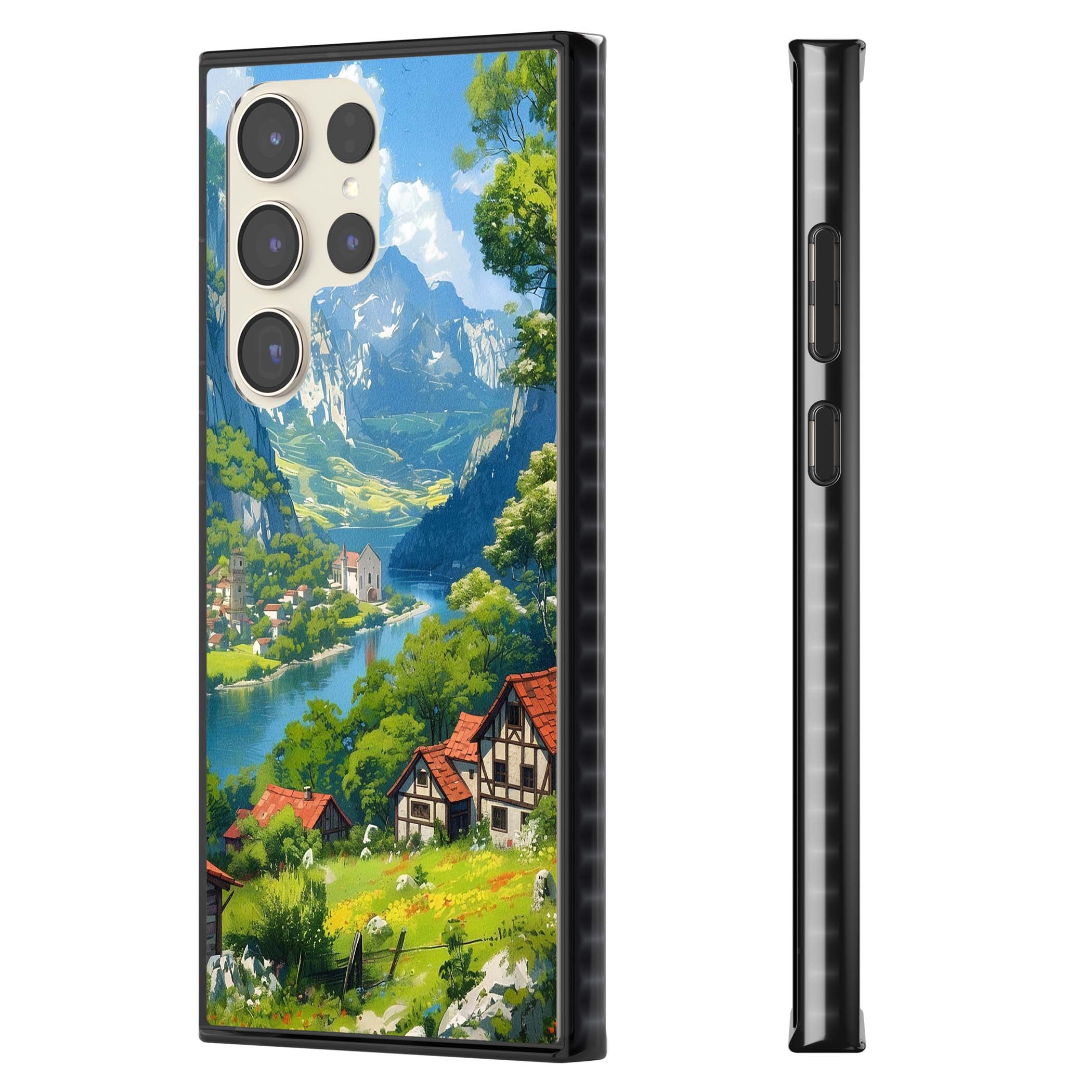 Village In The Valley anime iPhone case featuring a painted mountain village, river valley and half-timbered cottages. | Black Impact case for Samsung Galaxy S24 Ultra, Samsung Galaxy S23 Ultra, Samsung Galaxy S22 Ultra
