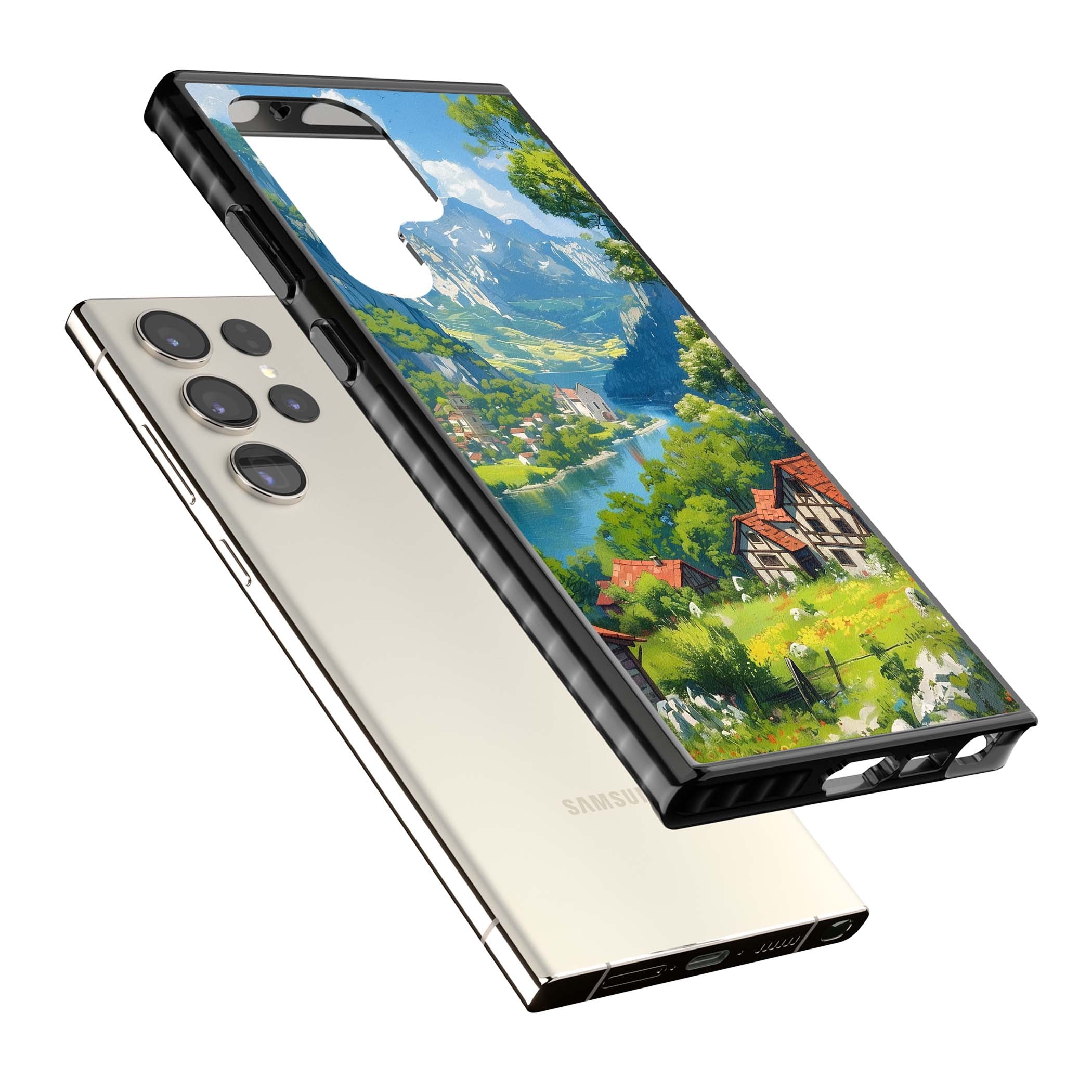 Village In The Valley anime iPhone case featuring a painted mountain village, river valley and half-timbered cottages. | Black Impact case for Samsung Galaxy S24 Ultra, Samsung Galaxy S23 Ultra, Samsung Galaxy S22 Ultra