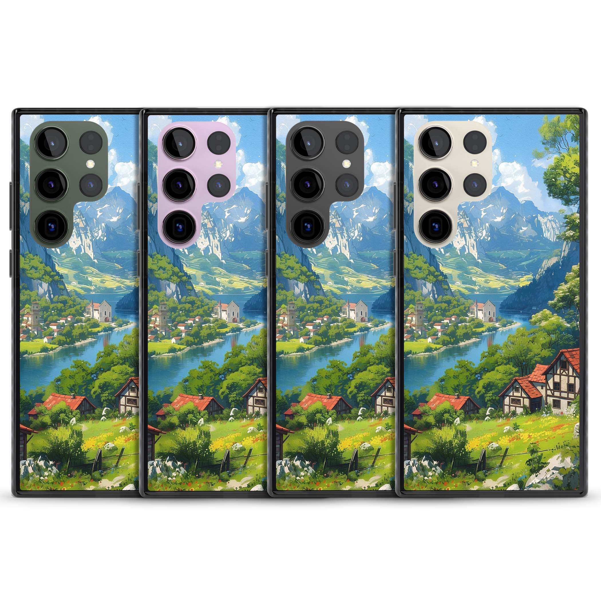 Village In The Valley anime iPhone case featuring a painted mountain village, river valley and half-timbered cottages. | Black Impact case for Samsung Galaxy S24 Ultra, Samsung Galaxy S23 Ultra, Samsung Galaxy S22 Ultra