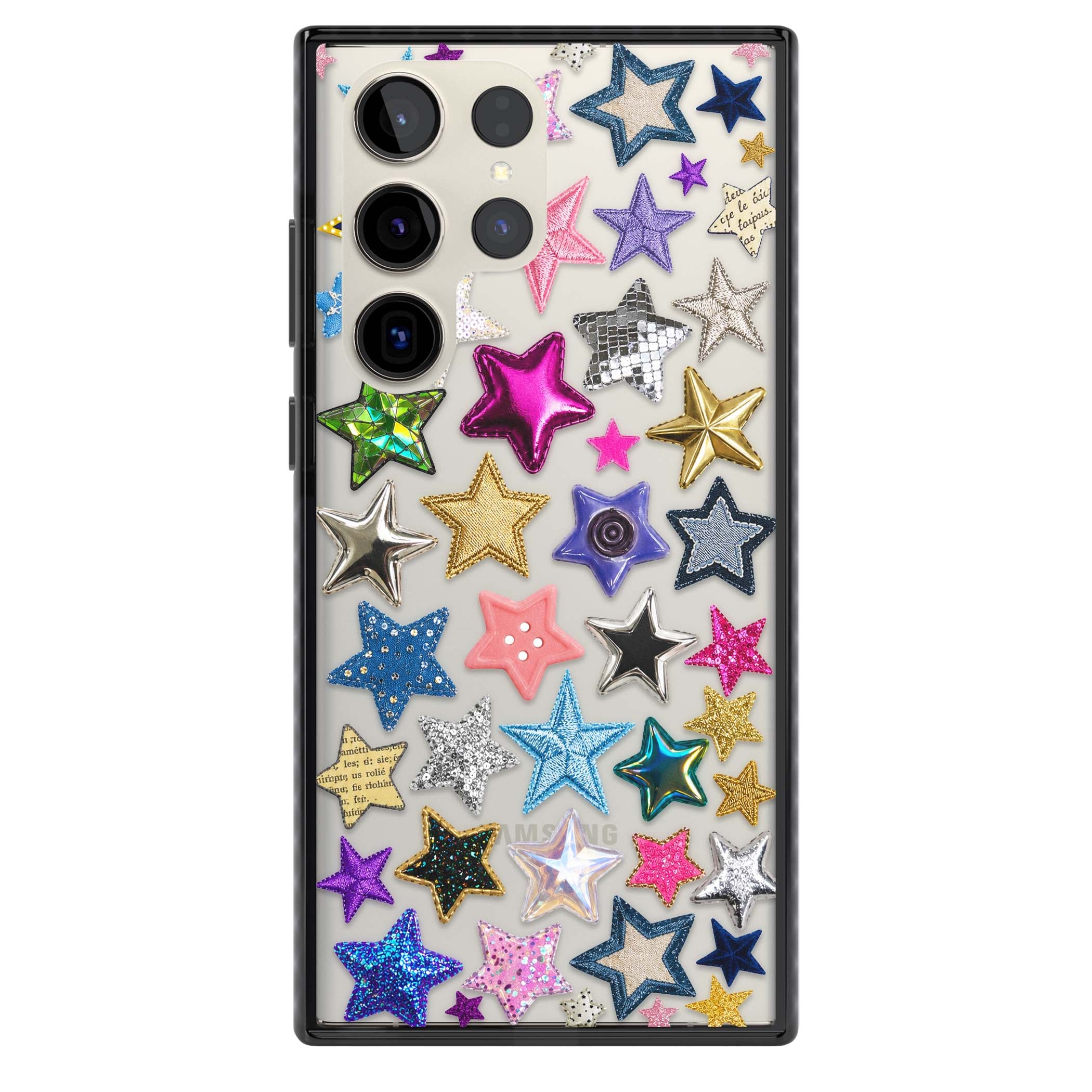 Crafty Star Mix Y2K iPhone case featuring embroidered, sequinned and glitter star patches in rainbow colours | Black Impact case for Samsung Galaxy S24 Ultra, Samsung Galaxy S23 Ultra, Samsung Galaxy S22 Ultra