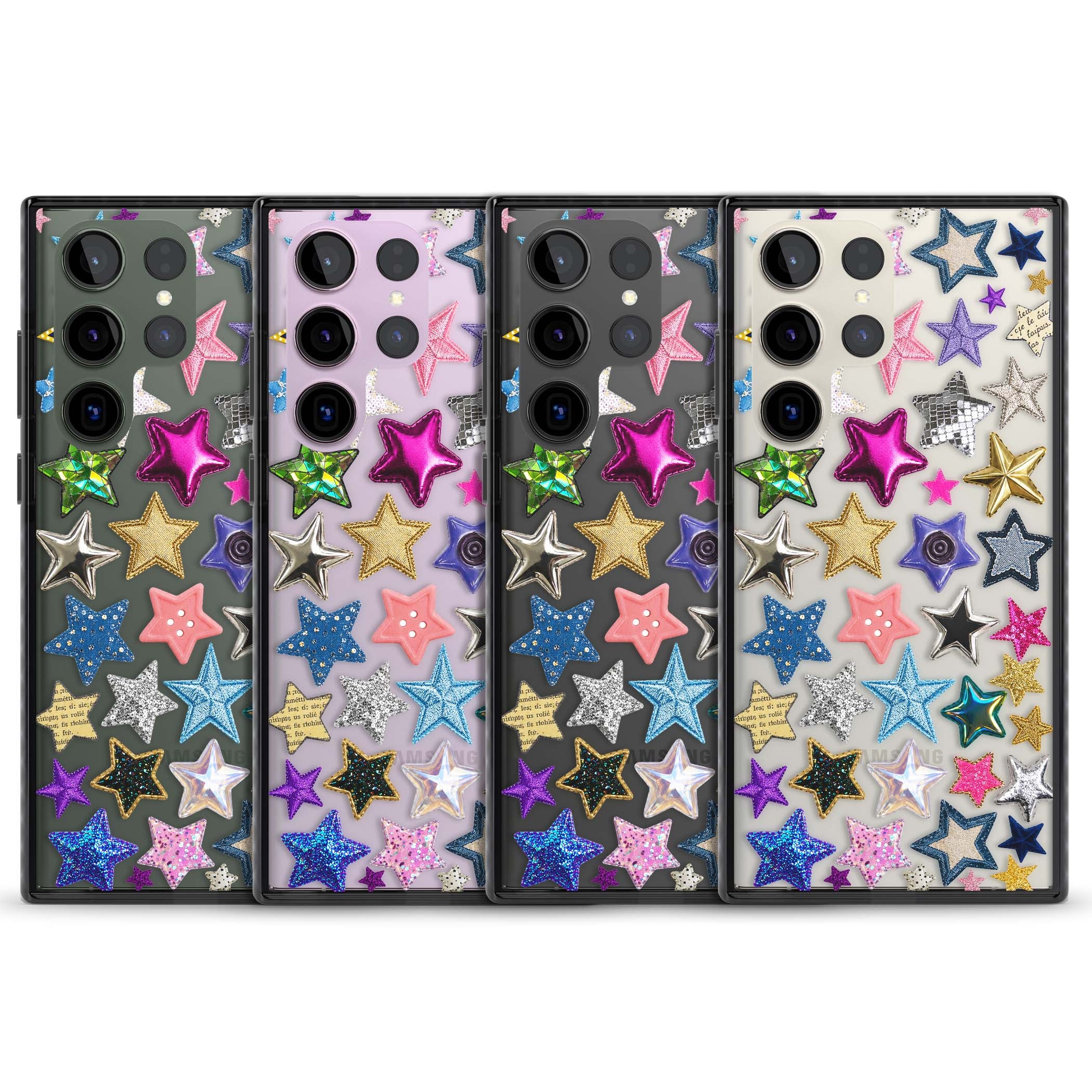 Crafty Star Mix Y2K iPhone case featuring embroidered, sequinned and glitter star patches in rainbow colours | Black Impact case for Samsung Galaxy S24 Ultra, Samsung Galaxy S23 Ultra, Samsung Galaxy S22 Ultra