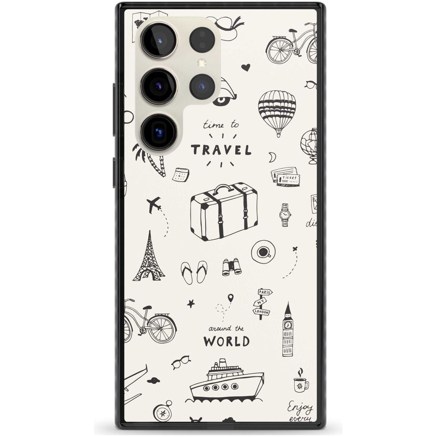 Cute Travel Pattern, White on Phone Case Samsung S22 Ultra / Black Impact Case,Samsung S23 Ultra / Black Impact Case Blanc Space
