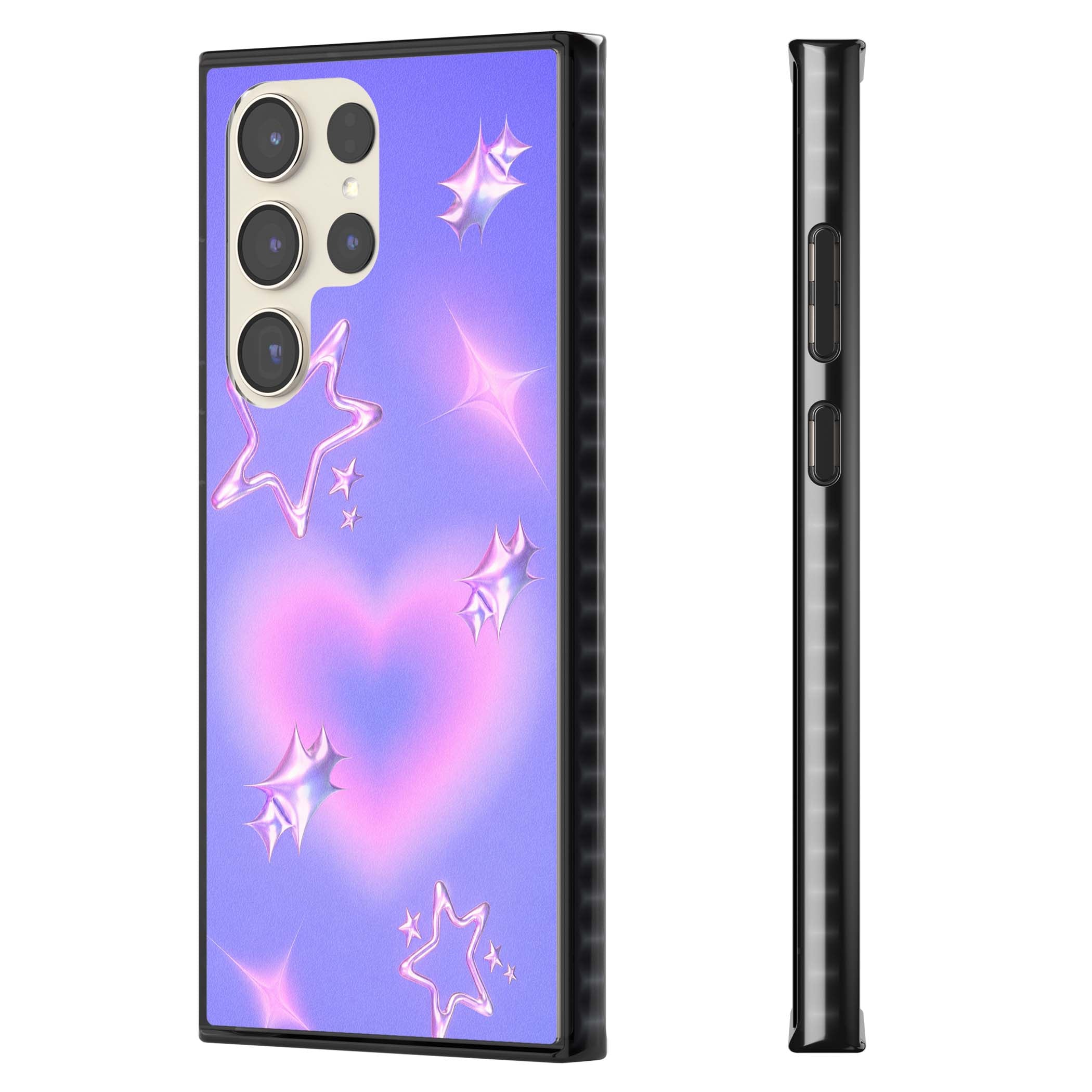 Soft Sugar Y2K iPhone case featuring iridescent chrome hearts, metallic pink stars and a lavender gradient sky | Black Impact case for Samsung Galaxy S24 Ultra, Samsung Galaxy S23 Ultra, Samsung Galaxy S22 Ultra