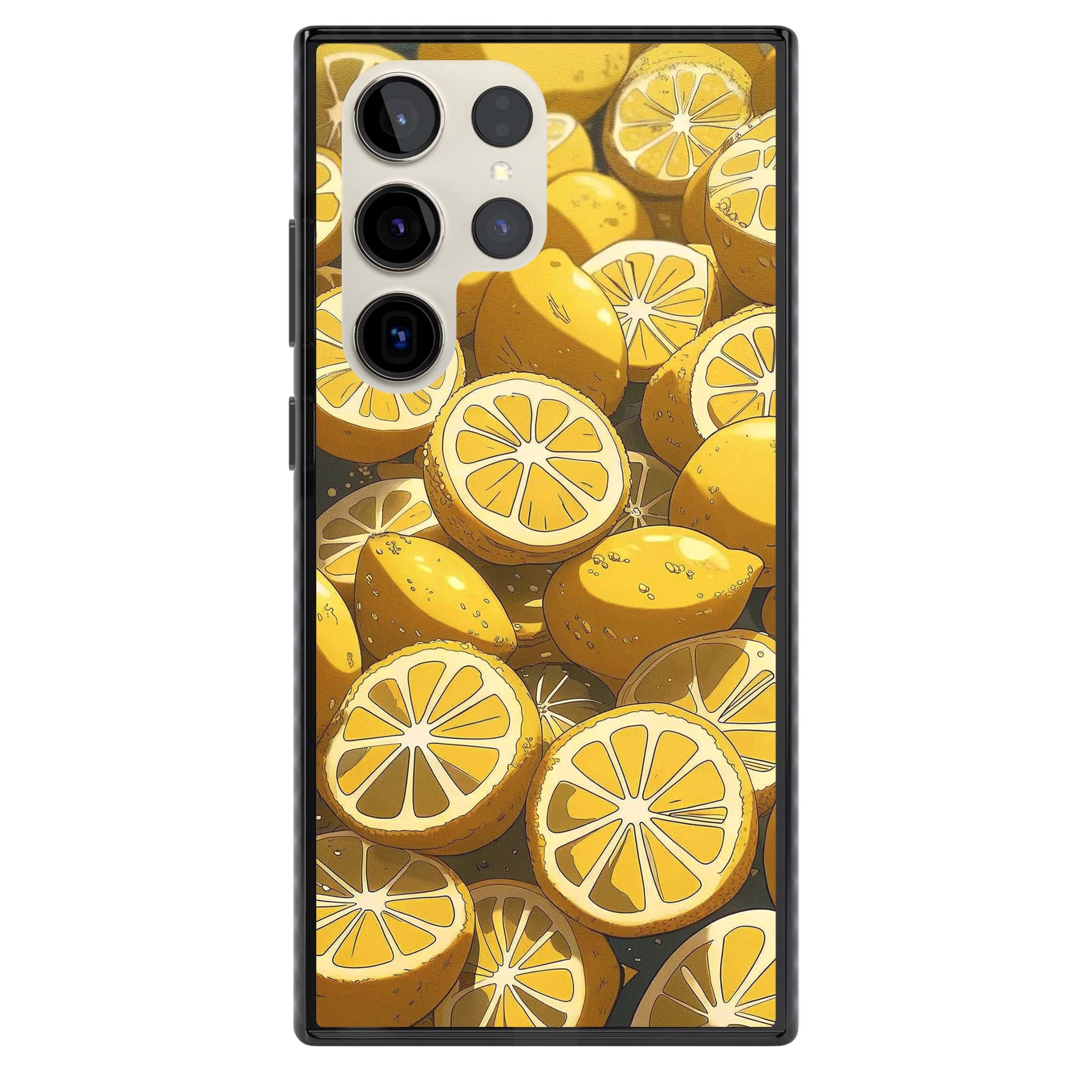 Zesty coastal iPhone case featuring illustrated Mediterranean lemons and citrus slices in golden yellow | Black Impact case for Samsung Galaxy S24 Ultra, Samsung Galaxy S23 Ultra, Samsung Galaxy S22 Ultra