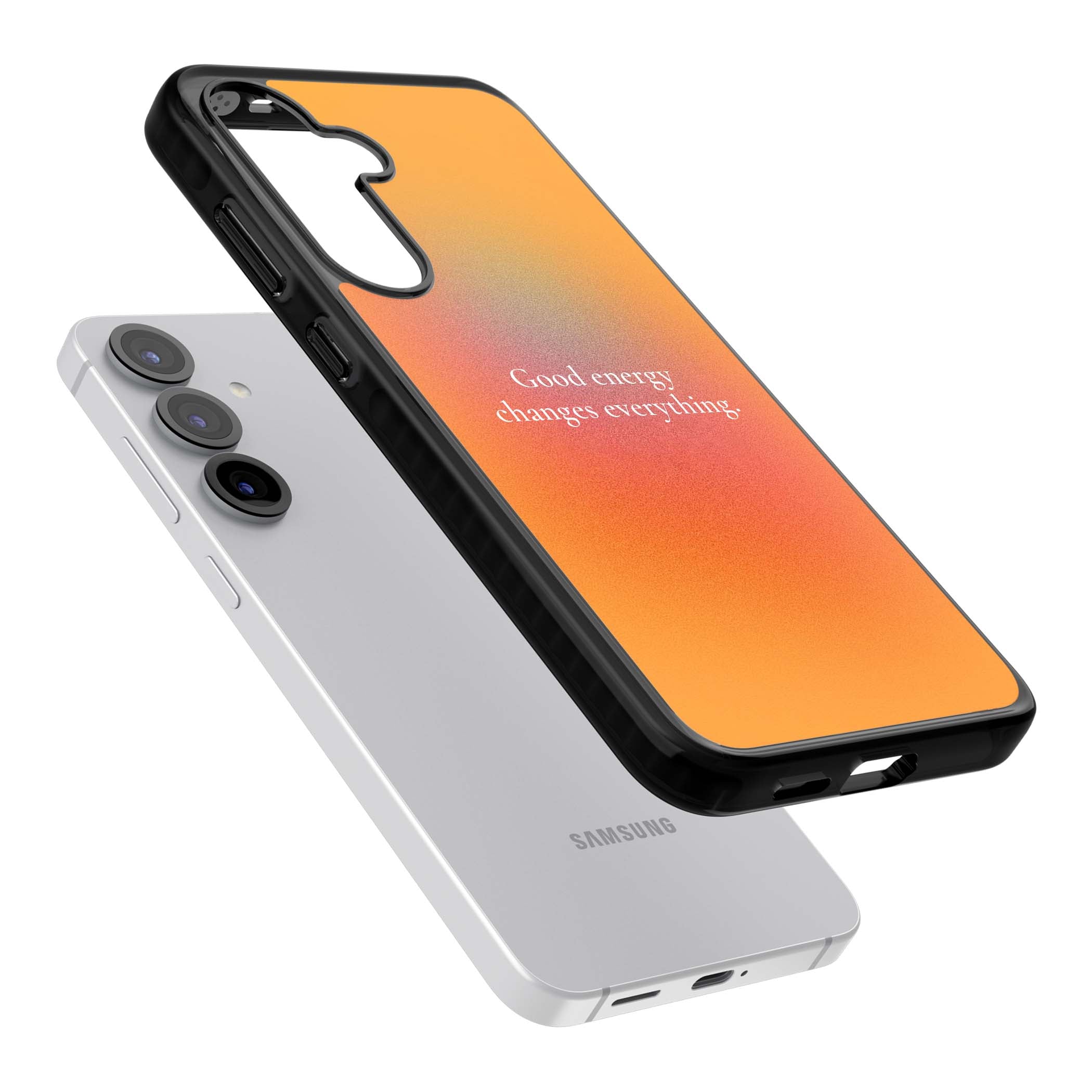 Good Energy quote iPhone case featuring an orange and pink aura gradient with white serif affirmation text | Black Impact case for Samsung Galaxy S25, Samsung Galaxy S25 Plus