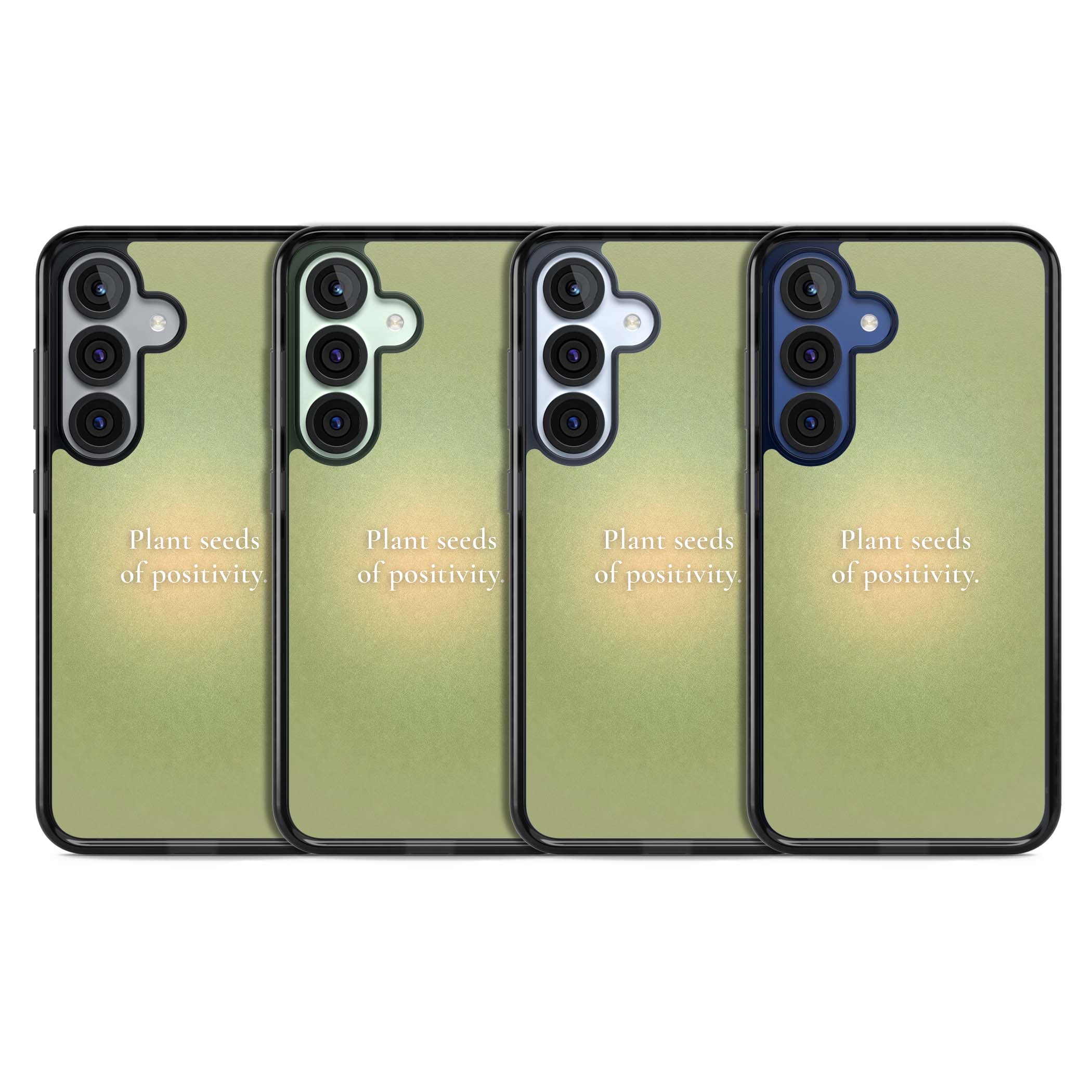 Seeds of Positivity quote iPhone case featuring a sage green aura gradient and golden glow affirmation | Black Impact case for Samsung Galaxy S25, Samsung Galaxy S25 Plus