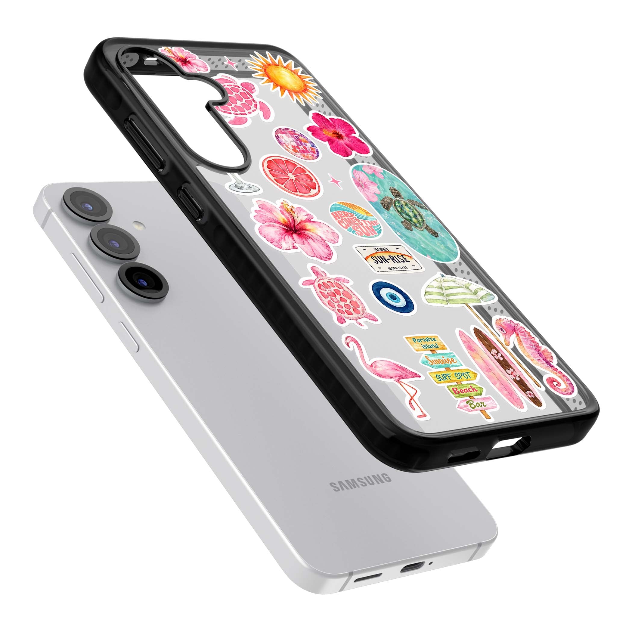 Aloha Sticker Mix tropical summer iPhone case featuring pink hibiscus, sea turtles, flamingo and beach umbrella stickers | Black Impact case for Samsung Galaxy S25, Samsung Galaxy S25 Plus