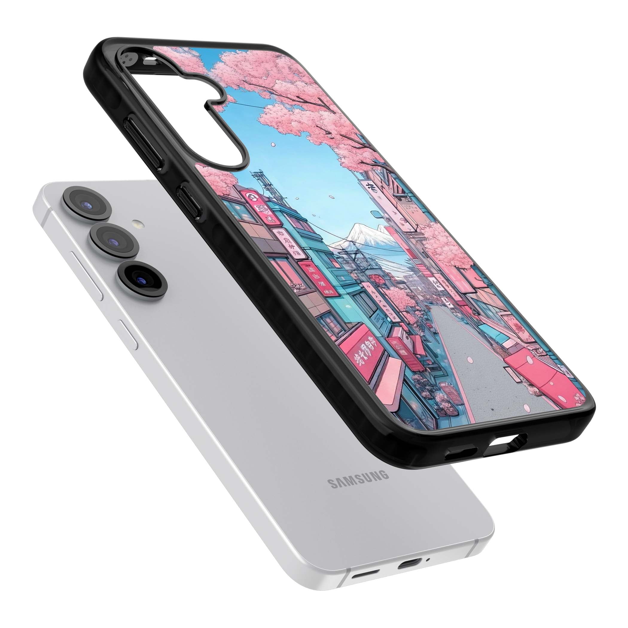 Sakura Lane anime iPhone case featuring Tokyo street scene with cherry blossoms and Mount Fuji | Black Impact case for Samsung Galaxy S25, Samsung Galaxy S25 Plus