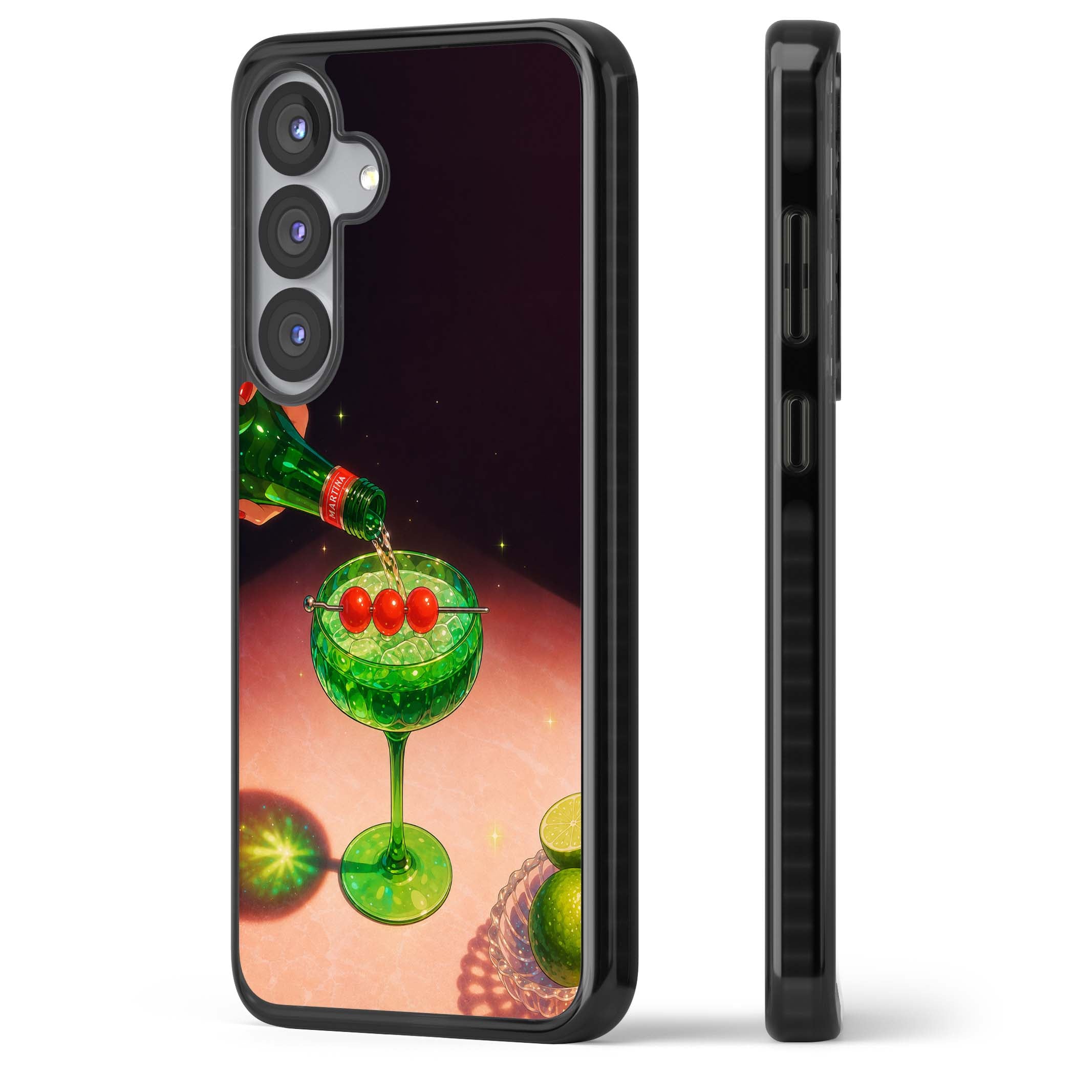 Absinthe Hour cocktail iPhone case featuring a green coupe glass, cherry garnish and vintage bottle pour illustration | Black Impact case for Samsung Galaxy S25, Samsung Galaxy S25 Plus