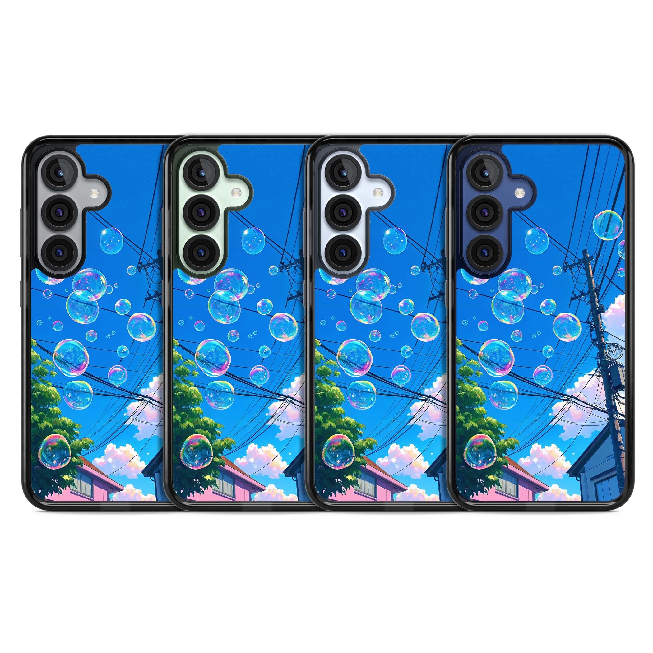 Suburban Bubbles anime iPhone case featuring iridescent soap bubbles, blue sky and Japanese telephone wires | Black Impact case for Samsung Galaxy S25, Samsung Galaxy S25 Plus