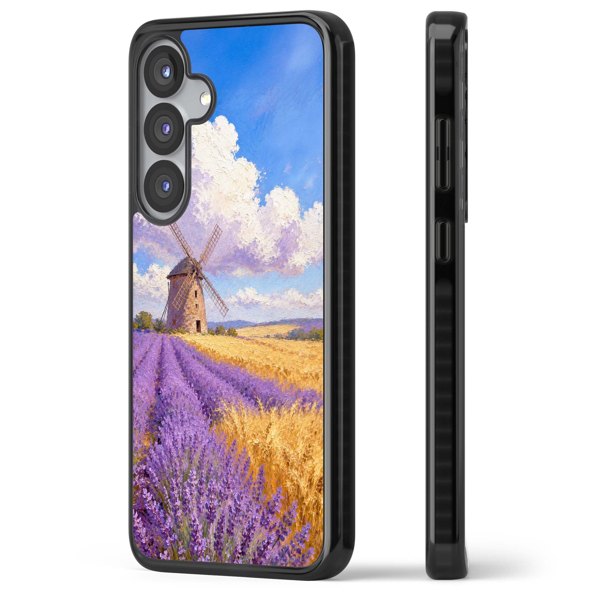 Lavender Mill cottagecore iPhone case featuring a French windmill, lavender field and golden wheat oil painting | Black Impact case for Samsung Galaxy S25, Samsung Galaxy S25 Plus