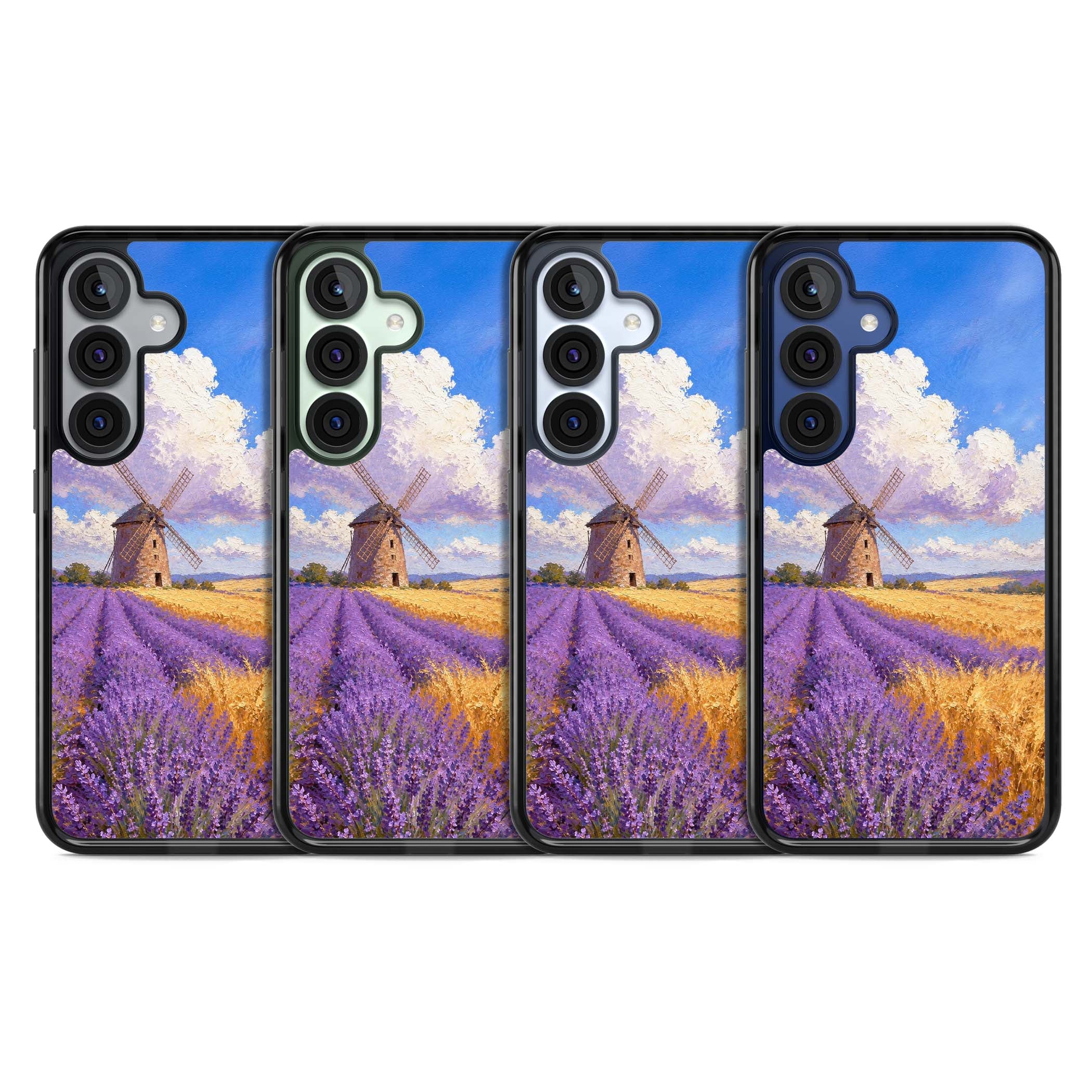 Lavender Mill cottagecore iPhone case featuring a French windmill, lavender field and golden wheat oil painting | Black Impact case for Samsung Galaxy S25, Samsung Galaxy S25 Plus