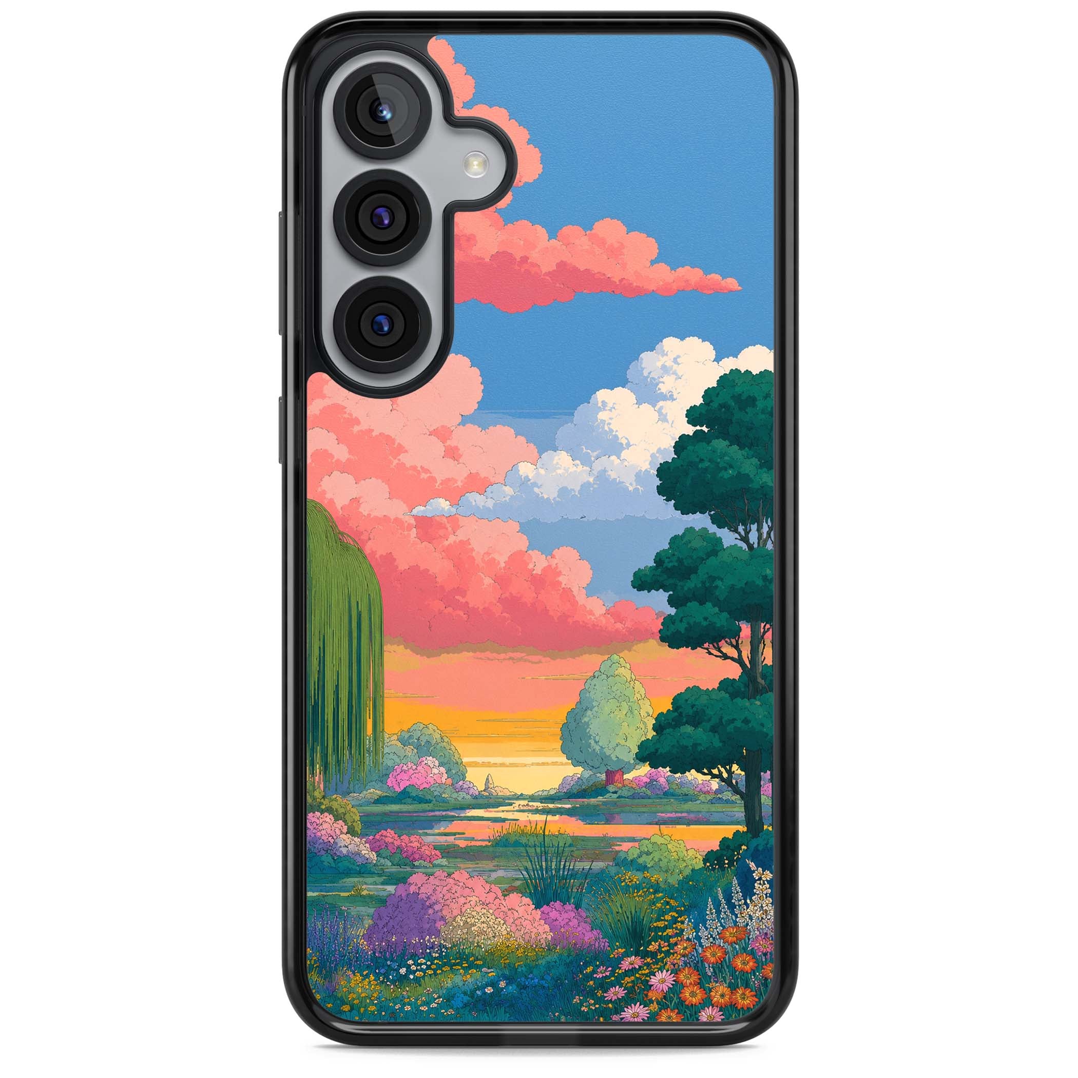 Dream Valley anime landscape iPhone case featuring pink sunset clouds, willow trees and wildflowers | Black Impact case for Samsung Galaxy S25, Samsung Galaxy S25 Plus